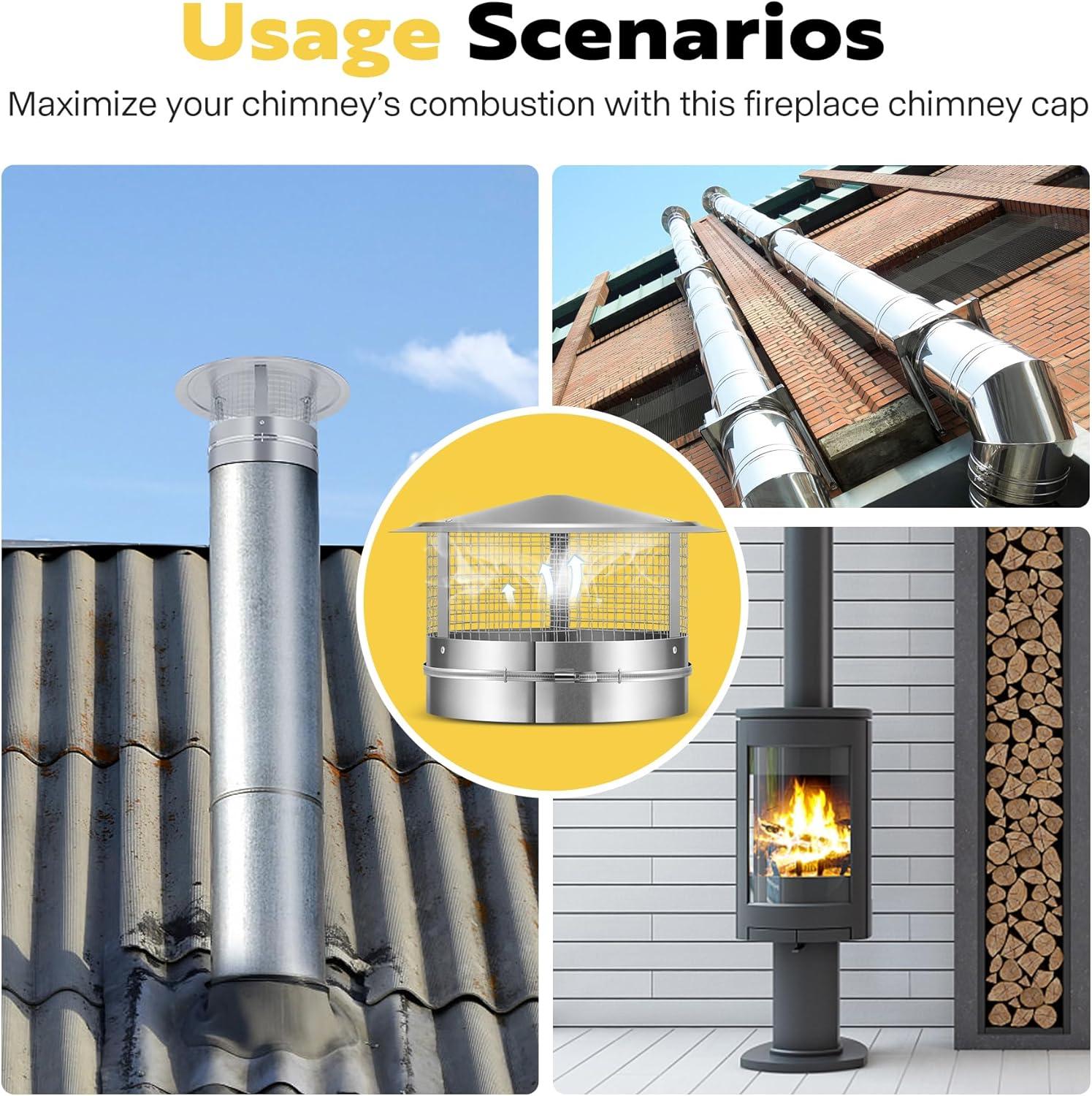 SPECSTAR 14" Cone Top Chimney Cap with Screen, Round Roof Rain Chimney Cover, Galvanized Steel Fireplace Exhaust Cap, Adjustable Roof Cap for Vent