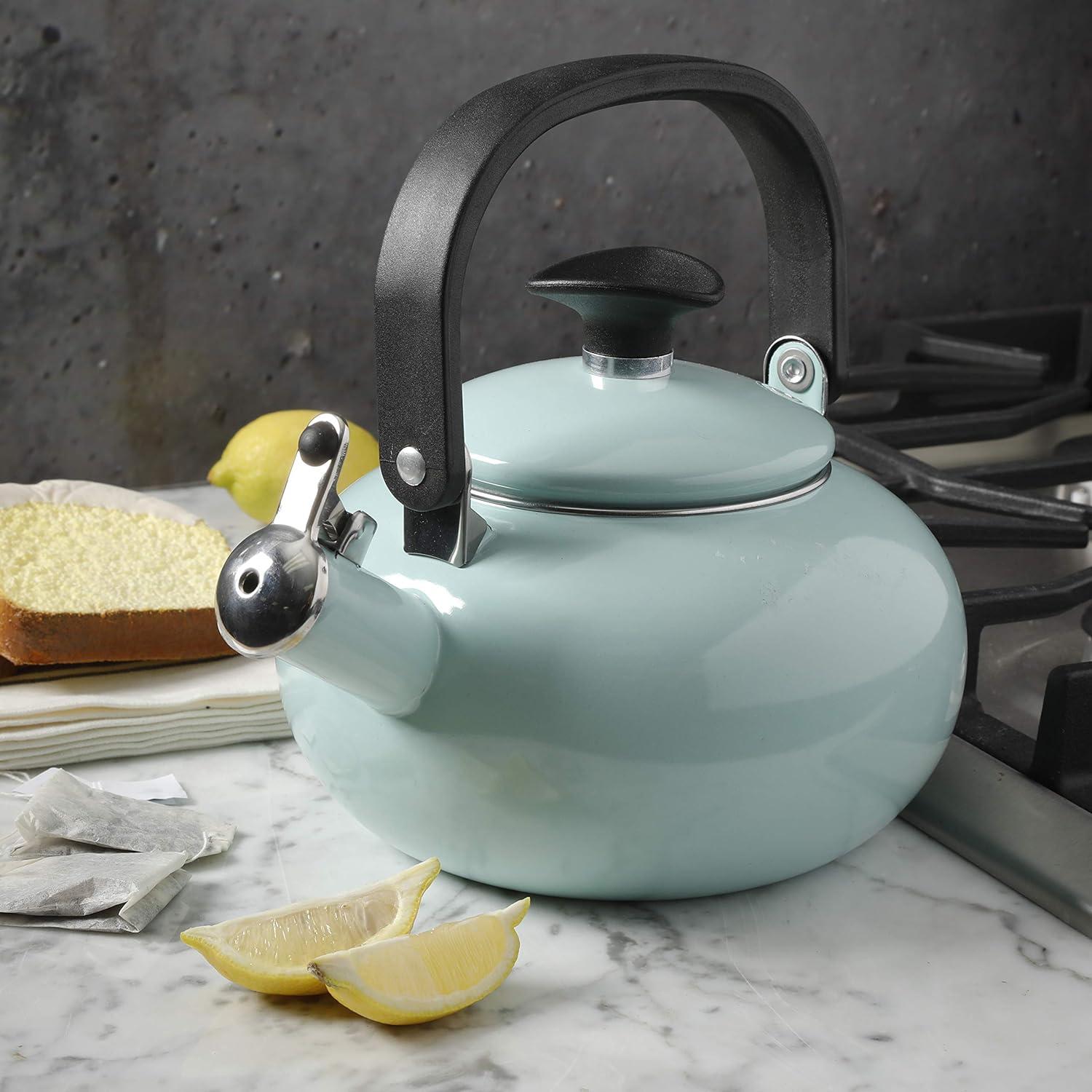 Glacier Blue Enamel 1.5-Quart Whistling Teapot with Bakelite Handle