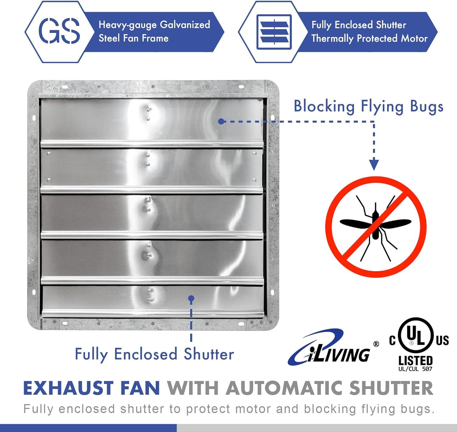 iLIVING ILG8SF20V-ST 20" Wall Mounted Shutter Exhaust Fan, Automatic Shutter, with Thermostat and Variable Speed controller, 2.2A, 3368 CFM, 5000 SQF Coverage Area Silver