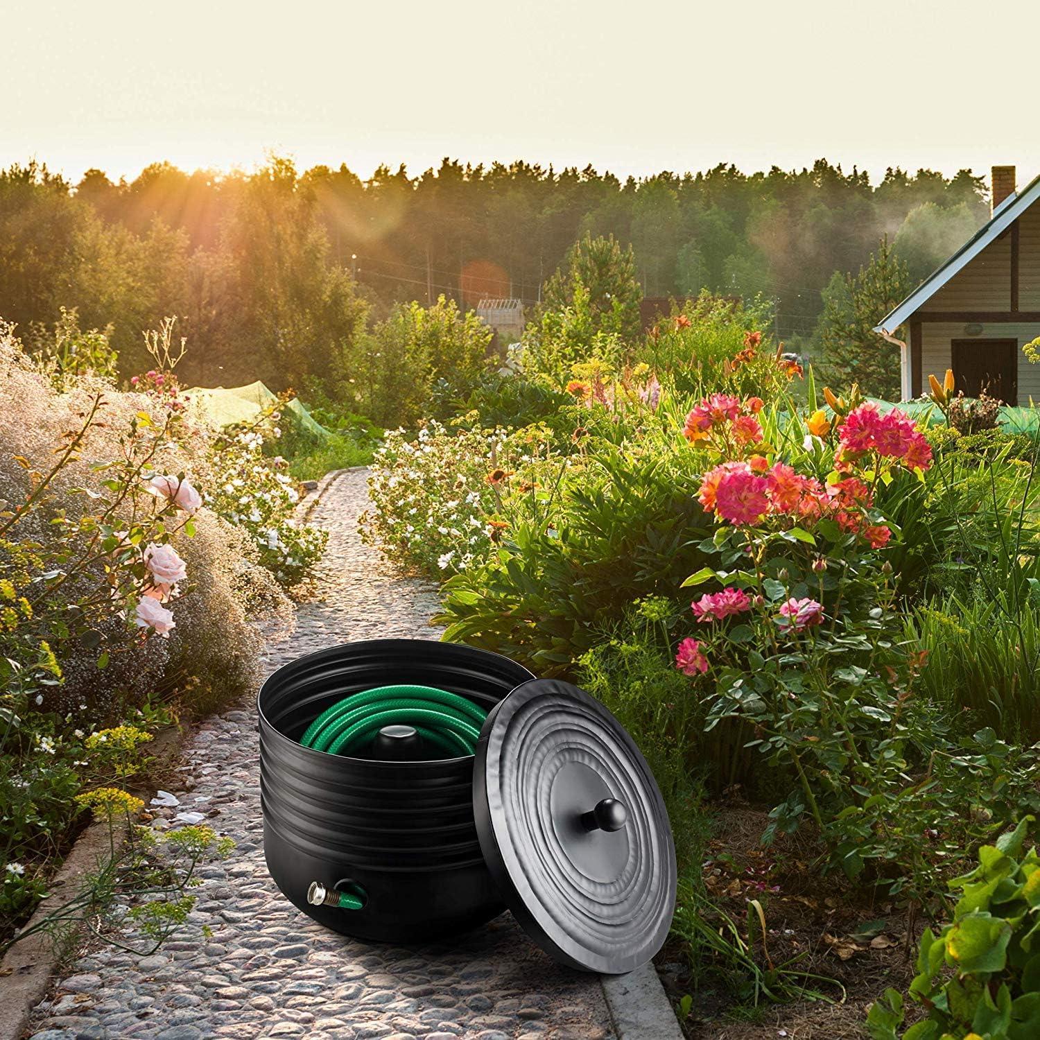 Black Ribbed Steel Garden Hose Pot Holder with Lid