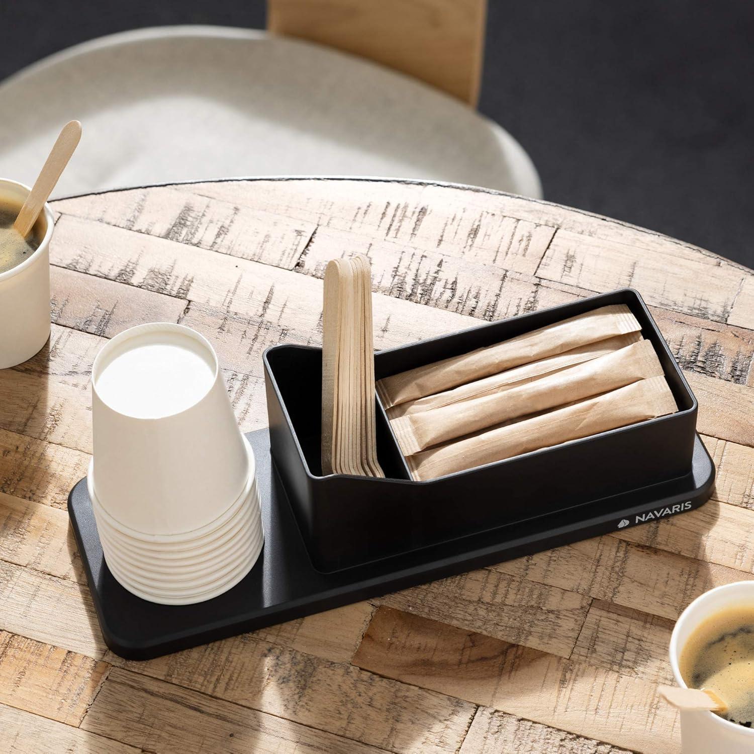 Navaris Small Coffee Station Organizer - Tea and Coffee Condiment Supplies Holder with Stacking Cup Storage - For Kitchen or Office Break Room - Black