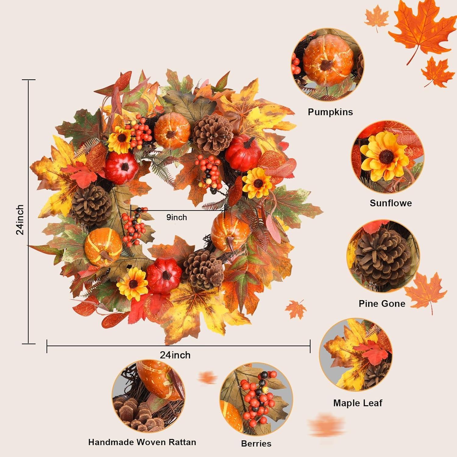 Fall Wreath 20’’ Autumn Front Door Wreath Harvest Wreath with Sunflower Pumpkins Berries Maple Leaves Daisies for Outside Indoor Home Wall Festival Thanksgiving Autumn Farmhouse Decor