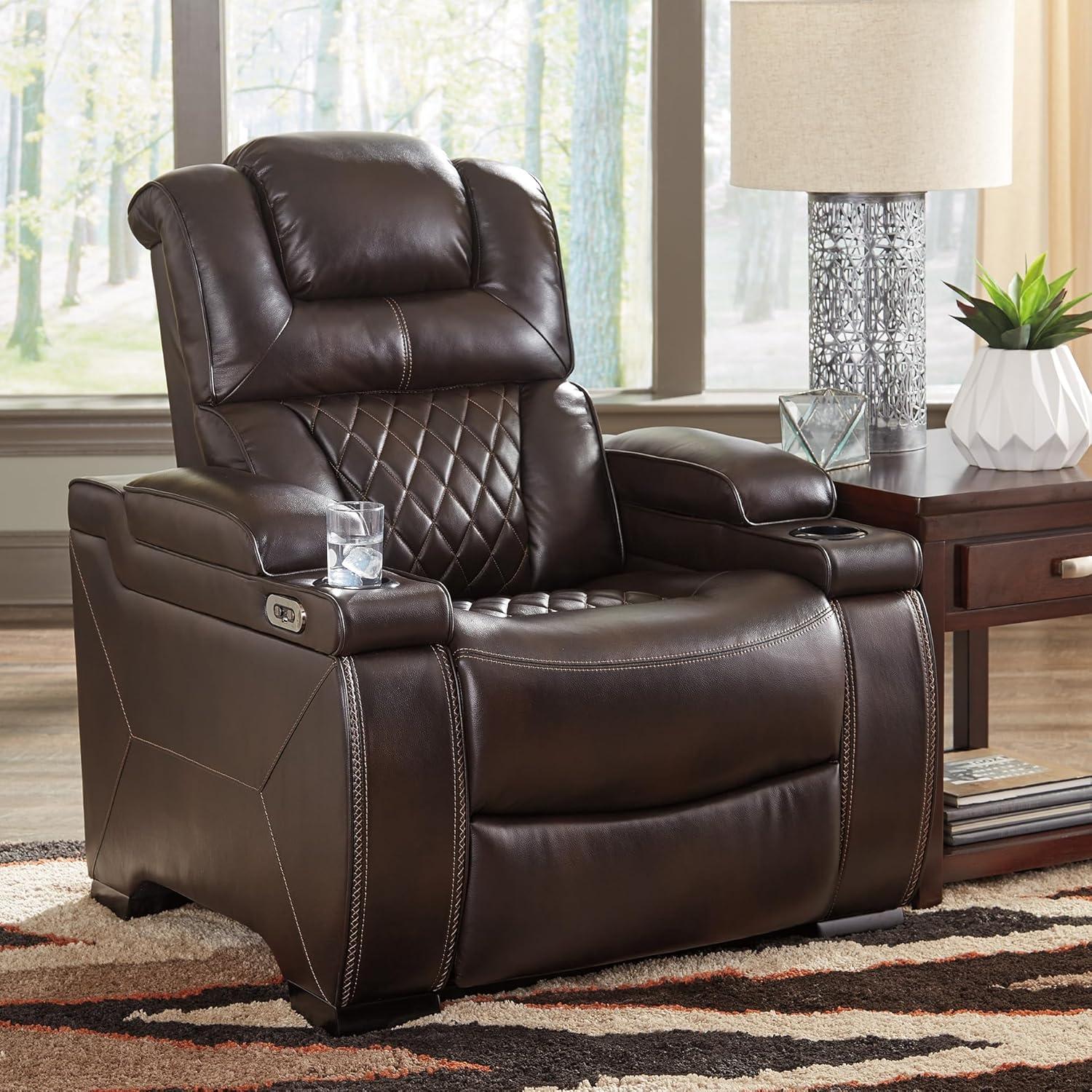 Warnerton Power Recliner with Adjustable Headrest Chocolate: USB Port, Cup Holder - Signature Design by Ashley