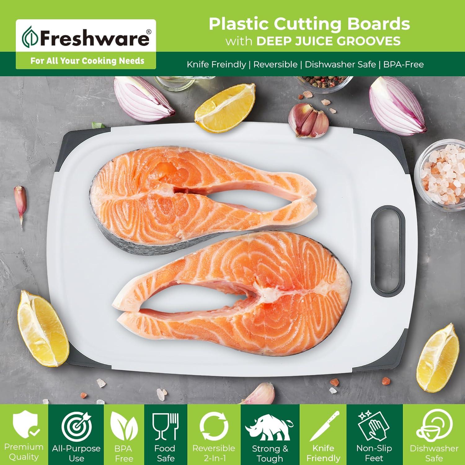 Plastic Cutting Boards for Kitchen, Cutting Board Set of 3, Juice Grooves with Easy Grip Handle, BPA-Free, Non-Porous, Dishwasher Safe, White