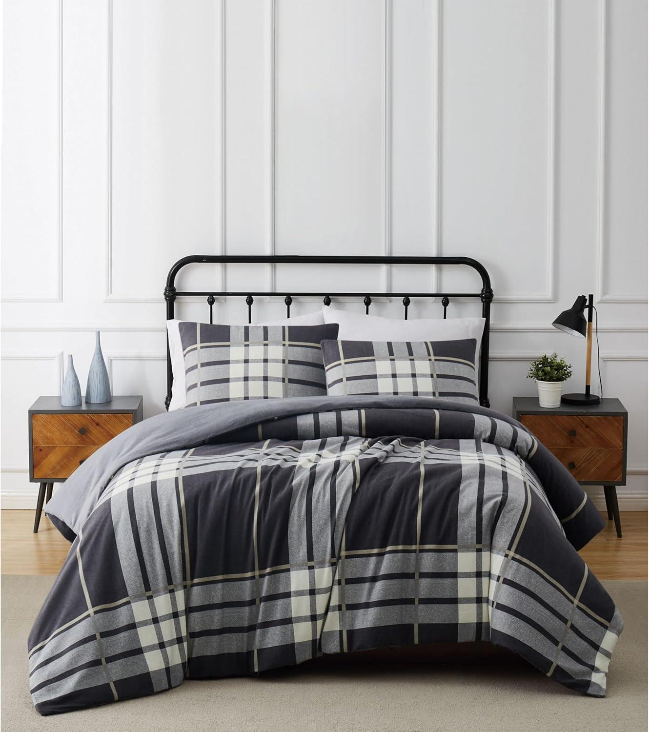 2pc Twin/Twin Extra Long Milo Plaid Flannel Duvet Cover Set Gray - Truly Soft: Cotton Material, 180 Thread Count, Includes Sham