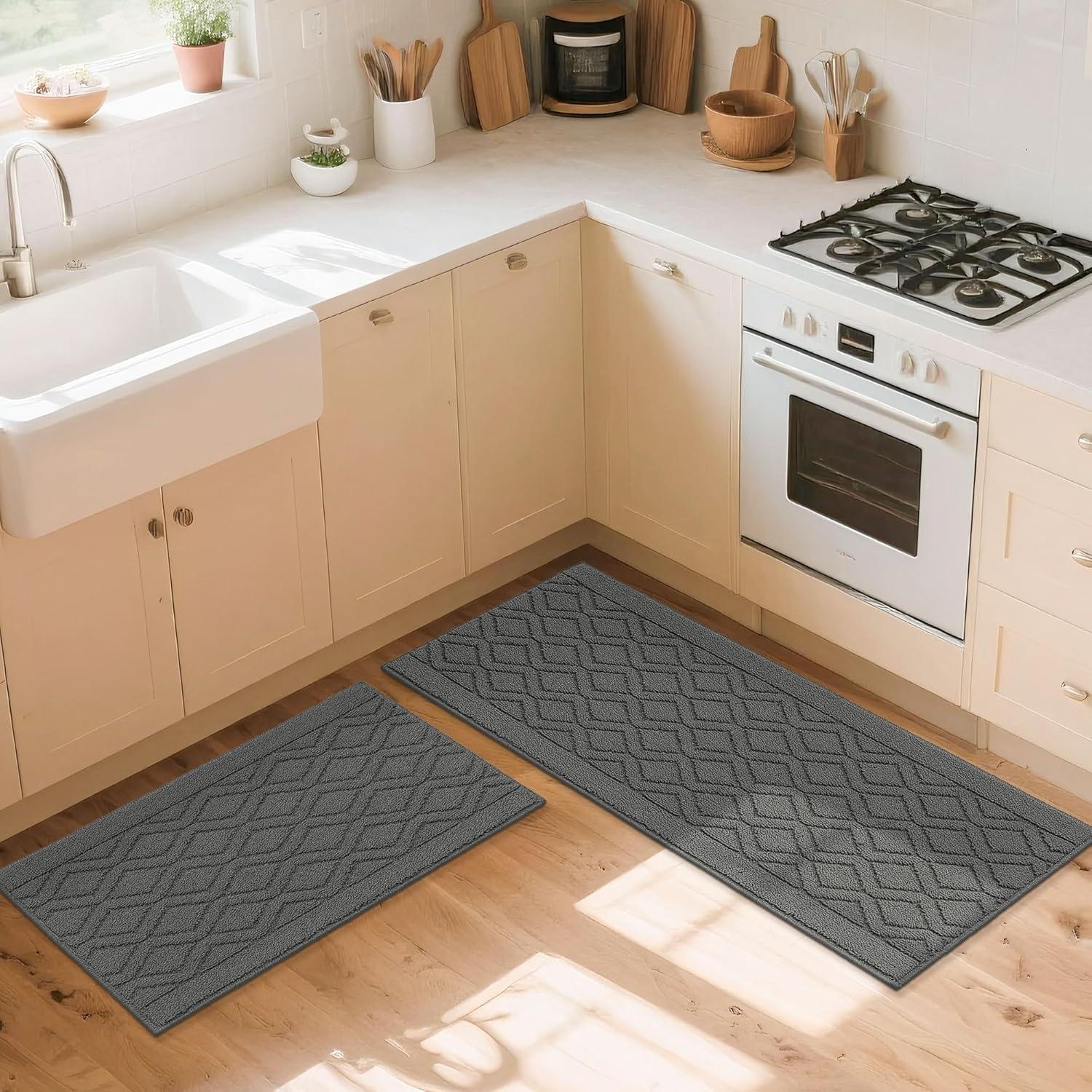 FloorHug Kitchen Rugs and Mats 2 PCS, 20"x30"+20"x48", Absorbent and Stain-Resistant Kitchen Mats Non-Slip, Kitchen Runners Machine Washable, Rugs for Kitchen, Laundry Room, Entrance, Grey