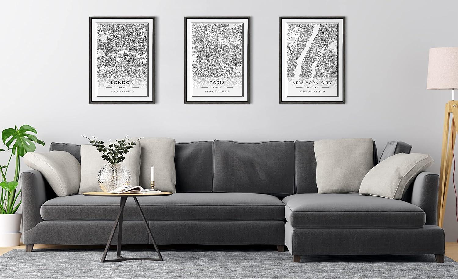 Kate and Laurel Sylvie London Modern Map Framed Canvas Wall Art by Jake Goossen, 18x24 Gray, Decorative Map of London for Wall