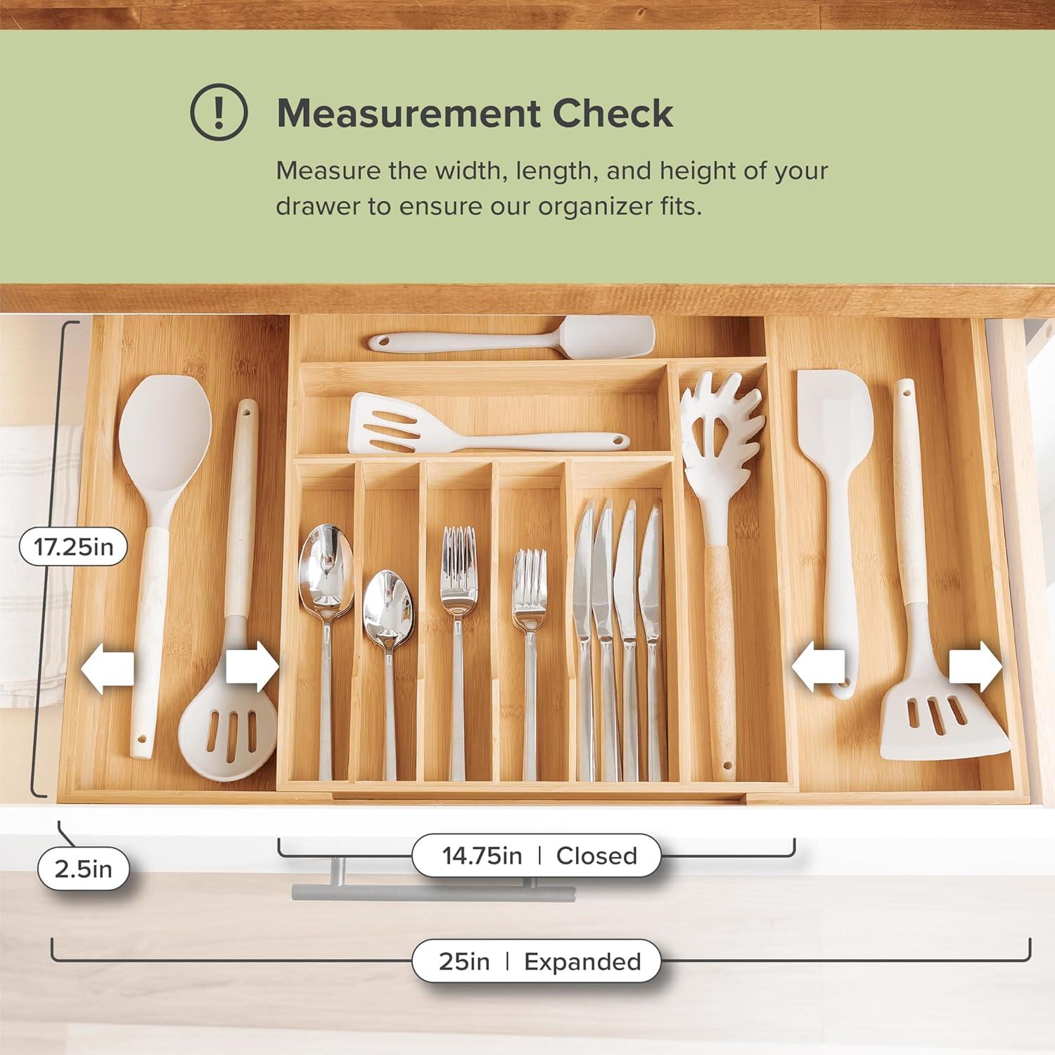 Expandable Bamboo Kitchen Drawer Organizer with 10 Compartments