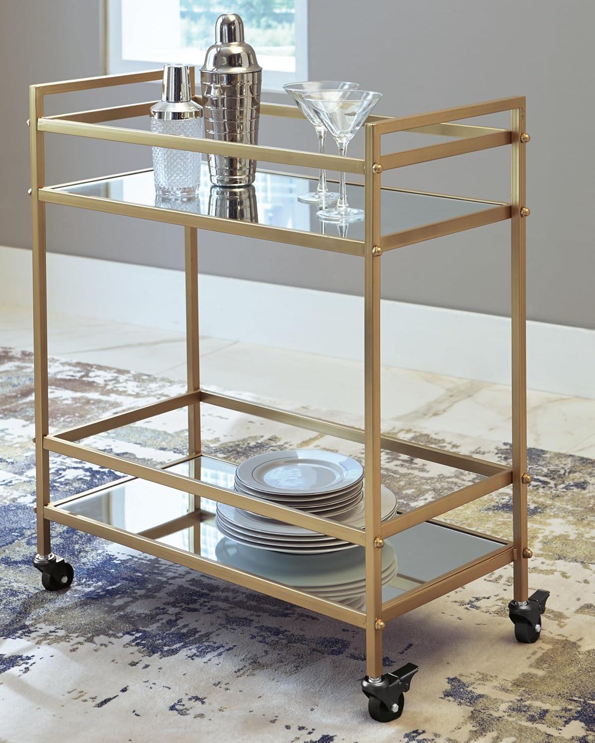 Signature Design by Ashley Kailman Bar Cart Gold Finish: Modern Mirrored Glass Beverage & Cocktail Cart with Locking Casters