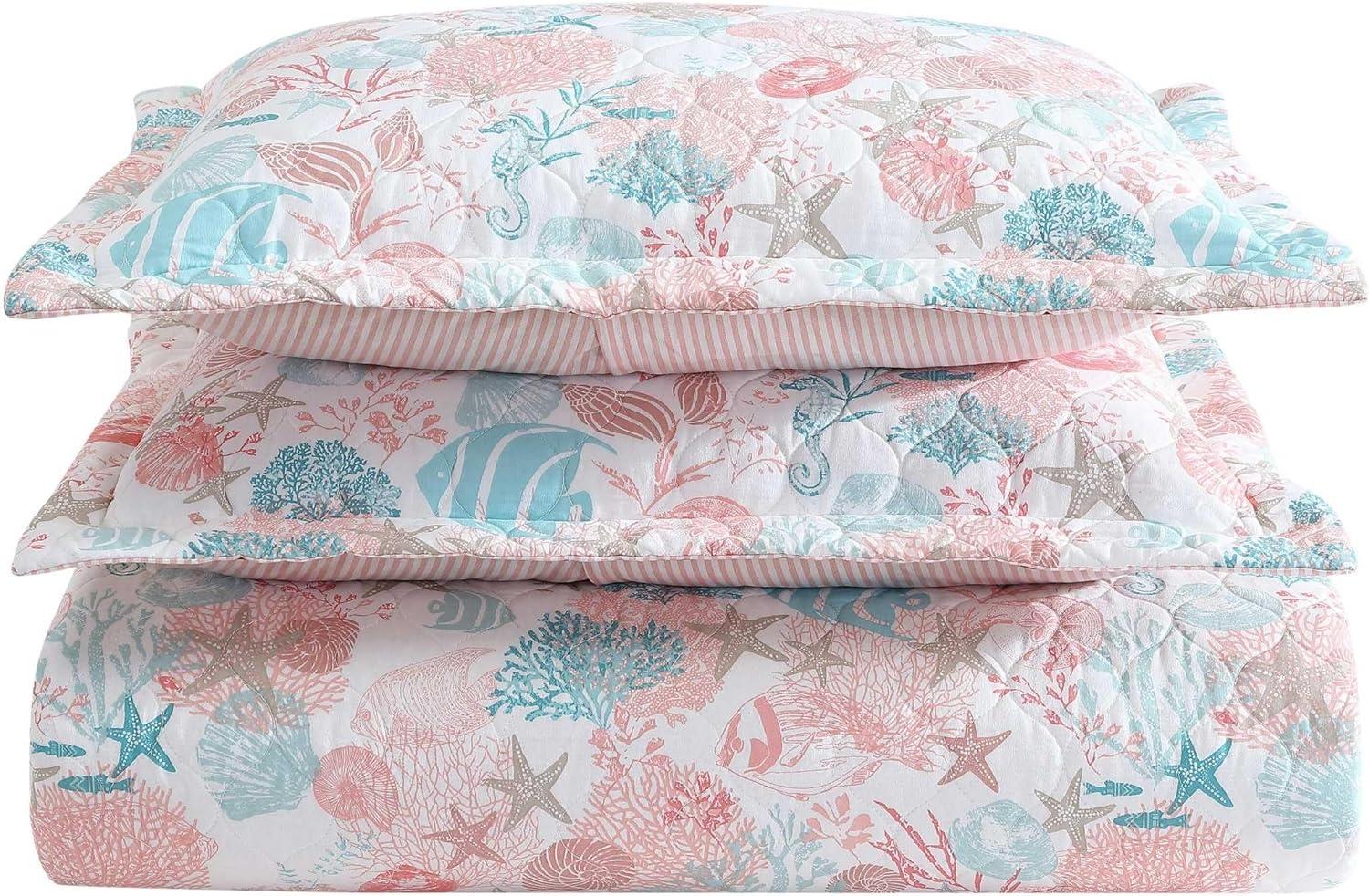Laura Ashley King Swimtime Quilt Set Pink: Starfish Pattern, Includes 2 Shams, Machine Washable