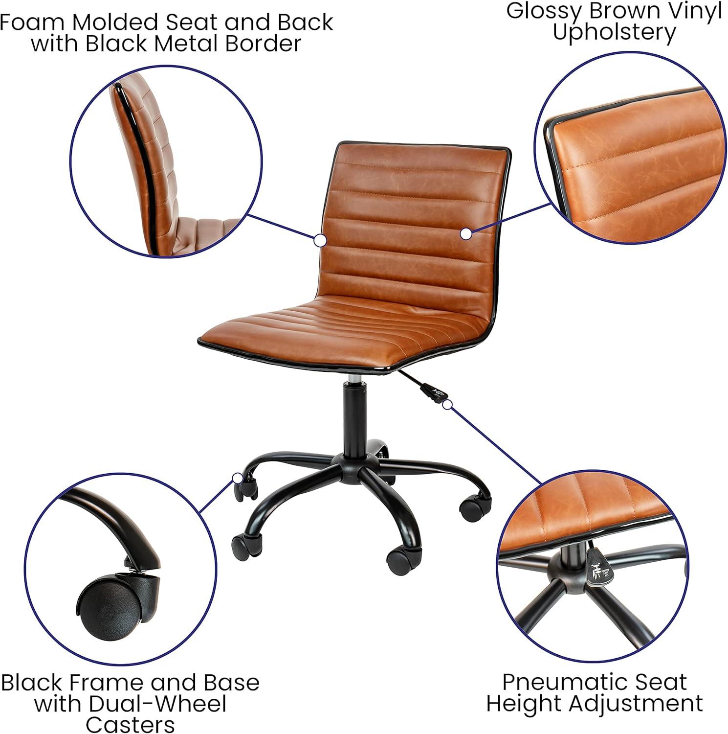Flash Furniture Low Back Designer Armless Brown Ribbed Swivel Task Office Chair with Black Frame and Base