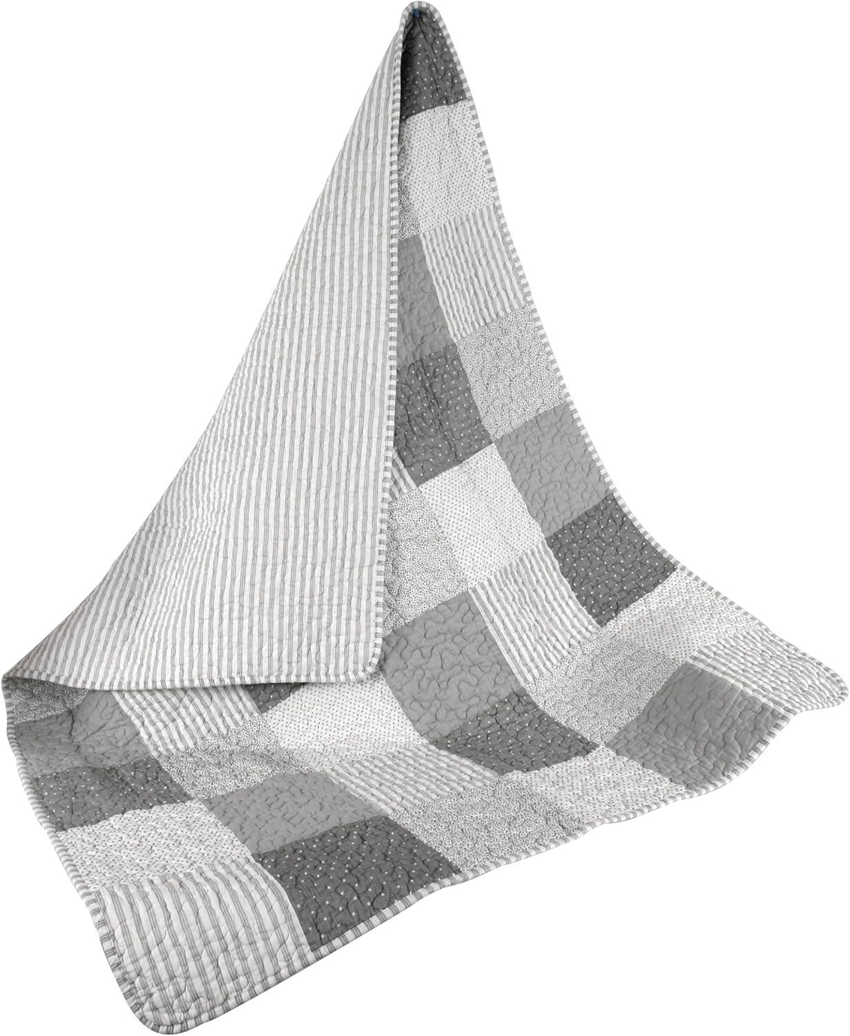 Stephan Baby 081166 Reversible Pieced Stripes & Dots Crib Quilt with Straight Hem, Gray & White