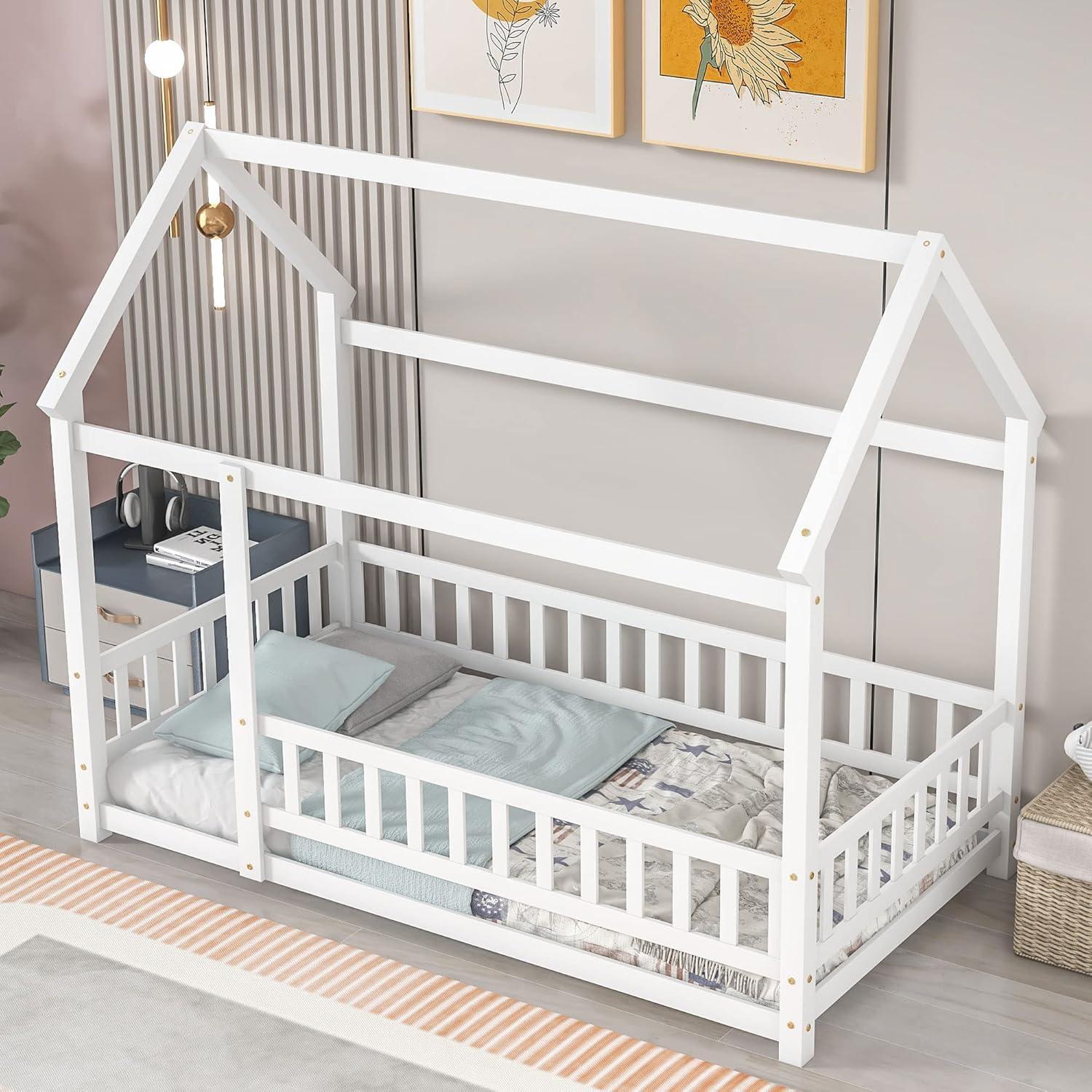 Twin Size Wood House Floor Bed with House Roof Design And Full-Length Guardrail, Toddler Floor Bed With Wooden Bed Frame, Montessori Bed For Kids, Teens, Adults, Sturdy Structure, White