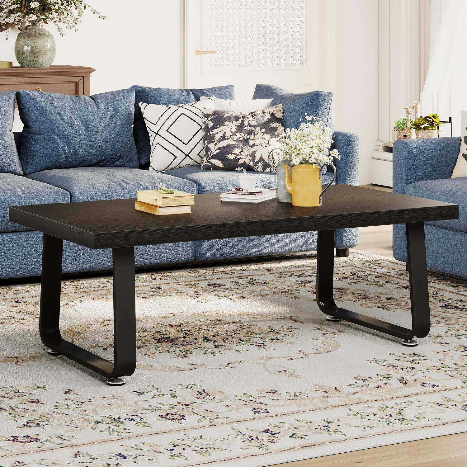 Latitude Run® Black Coffee Table, Industrial Wood And Metal Legs Center Table, Black Oak, 47 Inch