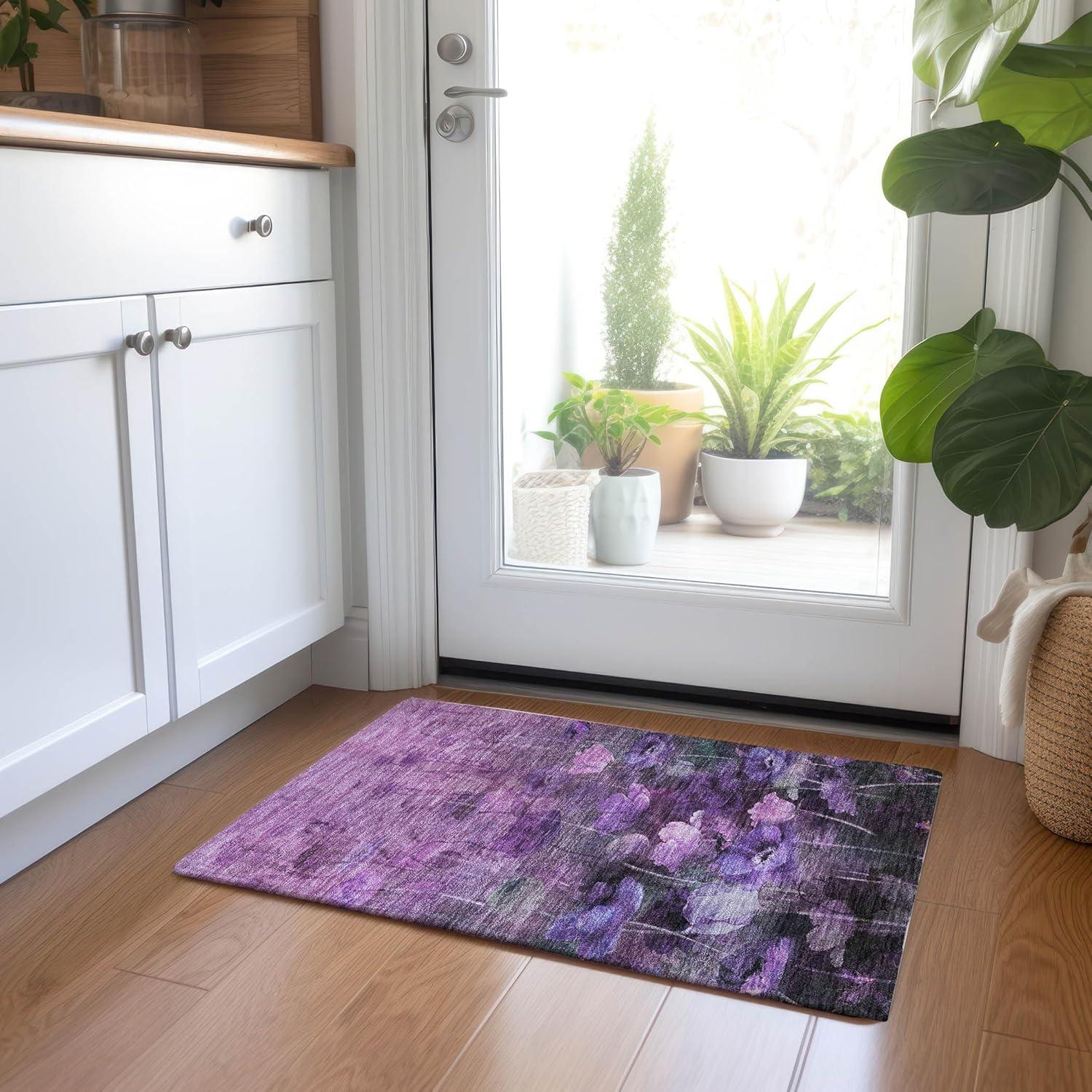 Addison Purple Floral Synthetic Rectangular Washable Area Rug