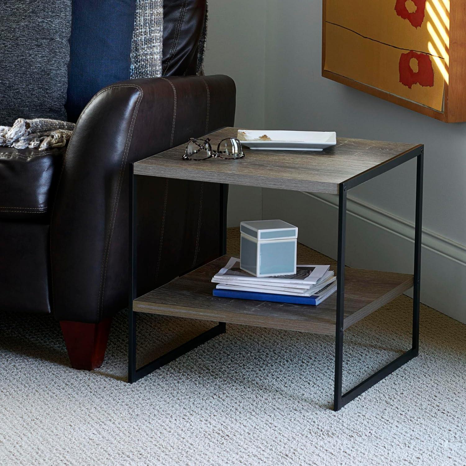 Ashwood and Black Metal Square End Table with Storage Shelf