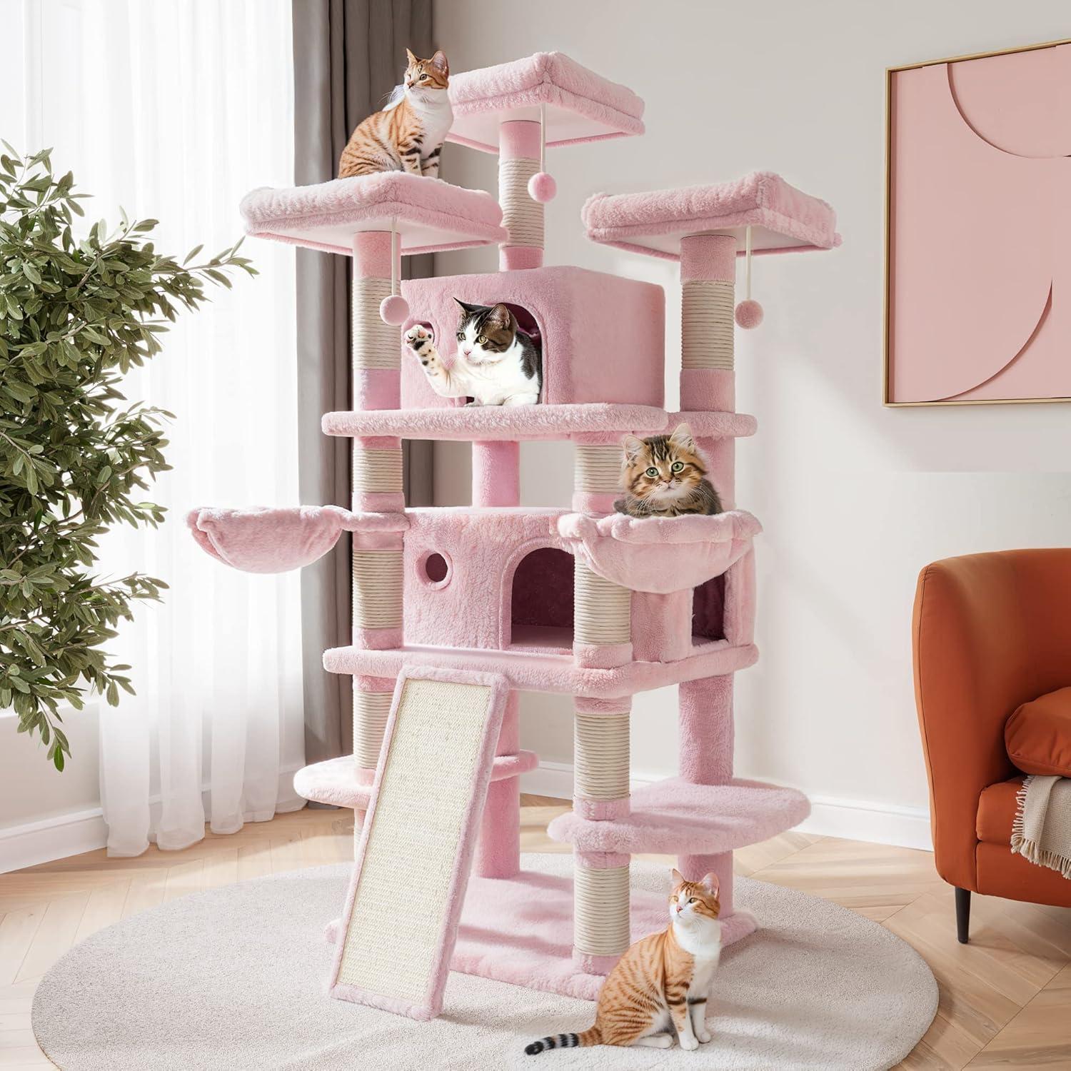 68 Inches Multi-Level Large Cat Tree/Cat Tower for Indoor Cat/Tall Cat Climbing Tree with Cat Condo/Cozy Plush Cat Perches/Sisal Scratching Post/Wide Base Board/Hammocks/Cave/Pink