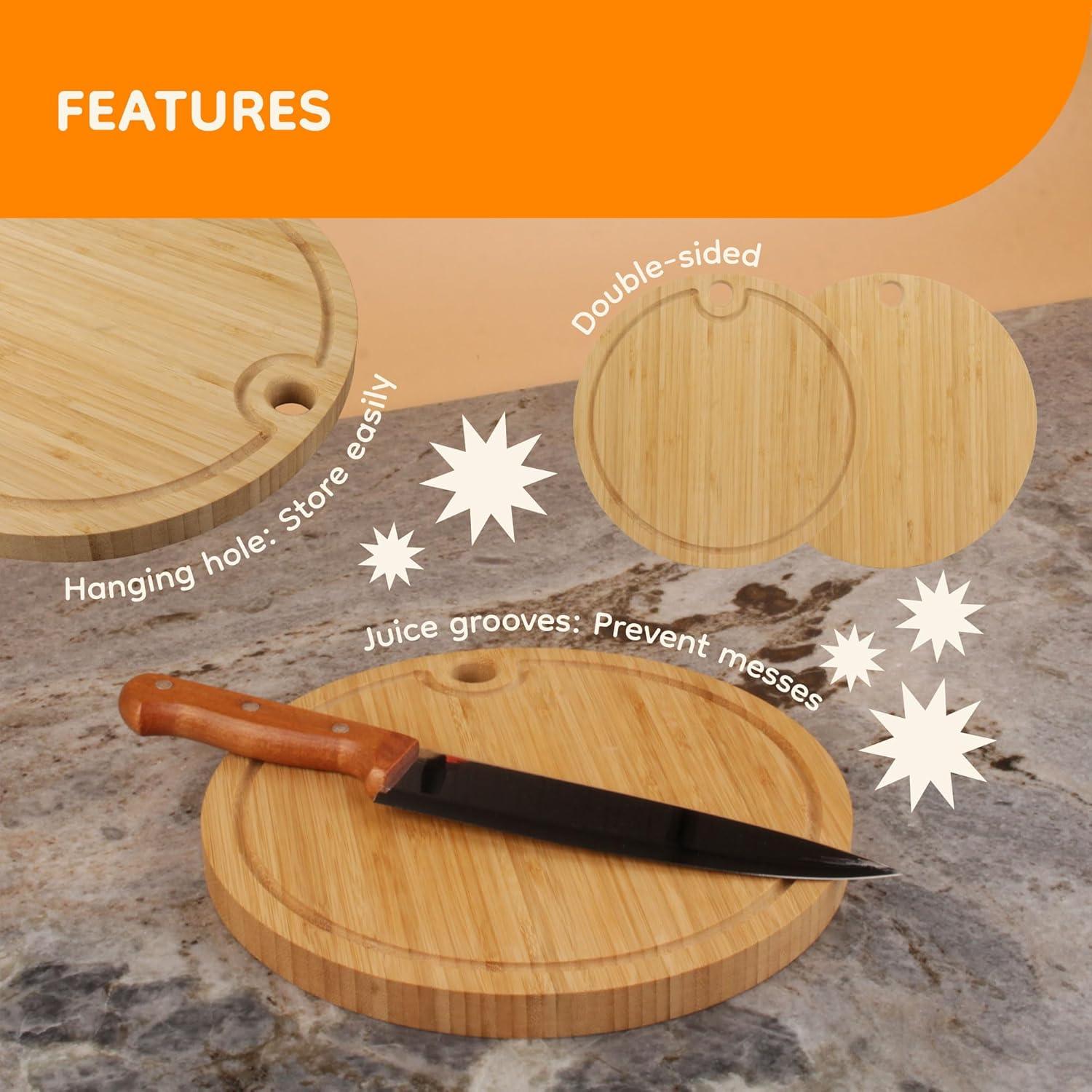 BambooMN Bamboo Round Cutting and Serving Board, Charcuterie Board - 10" diameter x 0.75" thickness - 1 Piece