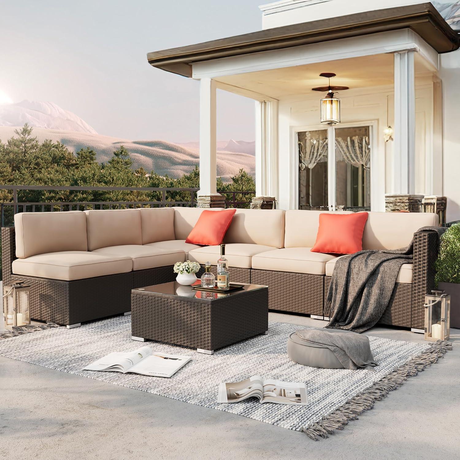 6-Person Brown Wicker Outdoor Sectional Sofa with Glass Table