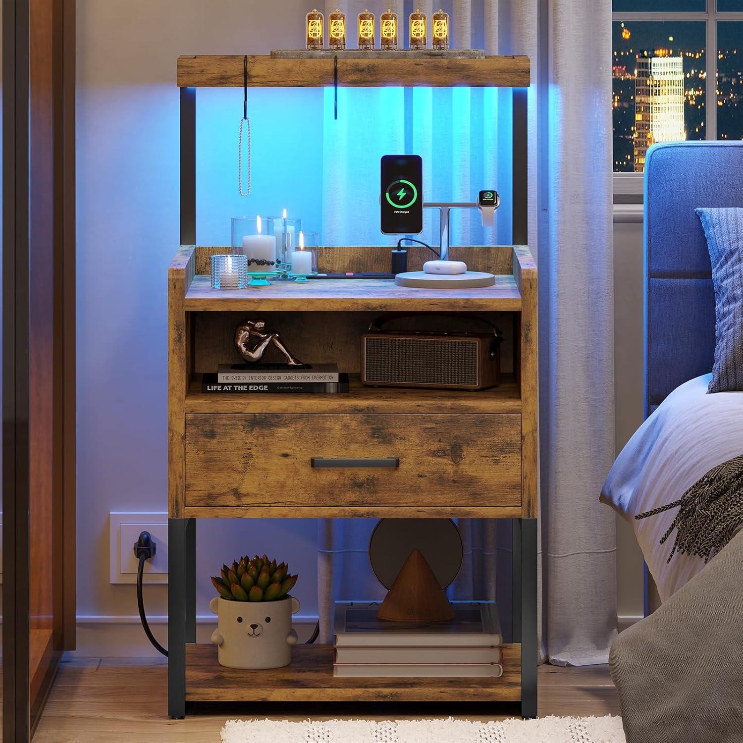 Brown LED Night Stand with Charging Station, Modern Bedside Table for Bedroom
