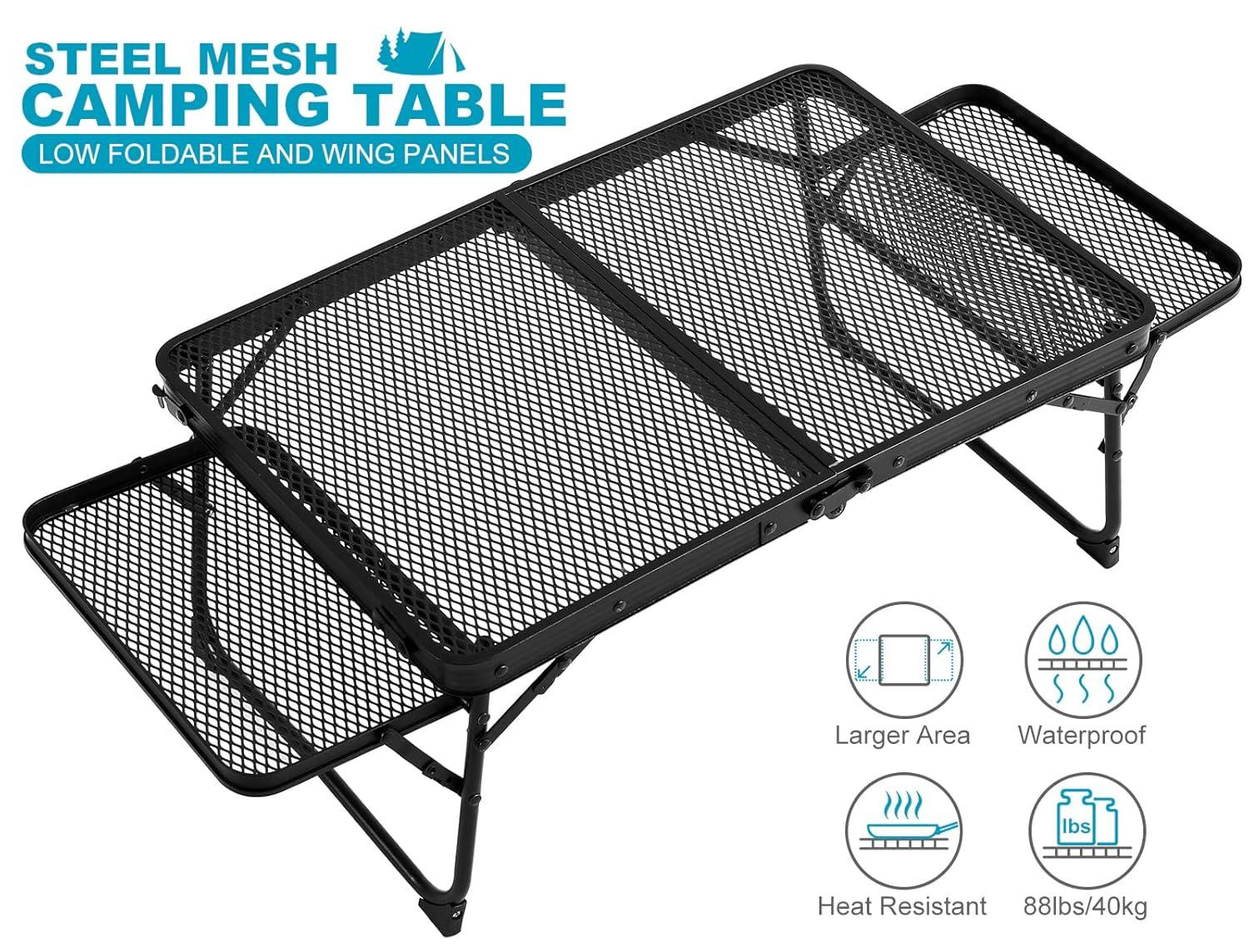 Small Low Camping Table with 2 Wing Panels, Folding Low Picnic & Outdoor Table with 2 Shelves, Lightweight & Easy Carry for Beach, Fishing, Sturdy Steel Mesh Top (3 FT, Black)