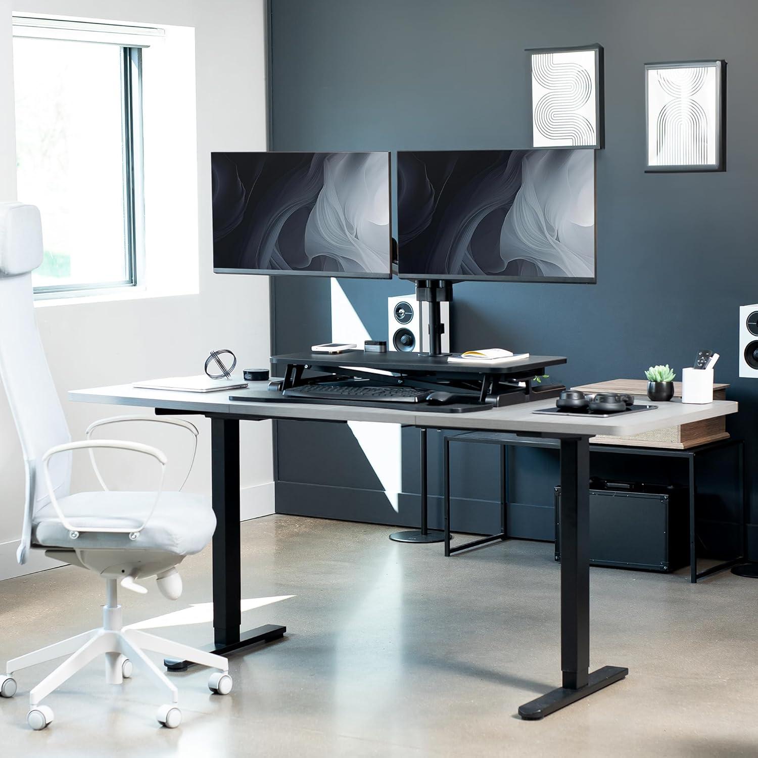 Black Adjustable Standing Desk Converter with Dual Monitor Mount