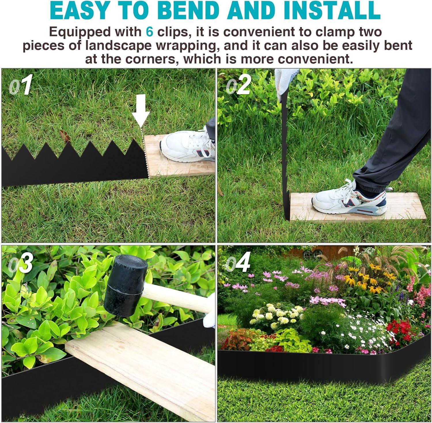 KFFKFF 6 PCS Metal Landscape Edging 40" L x 8" H Galvanized Steel Garden Border Flexible Hammer-In Outdoor Landscaping Edge with 8 Clips for Lawn, Garden, Walkway, Yard (Black)