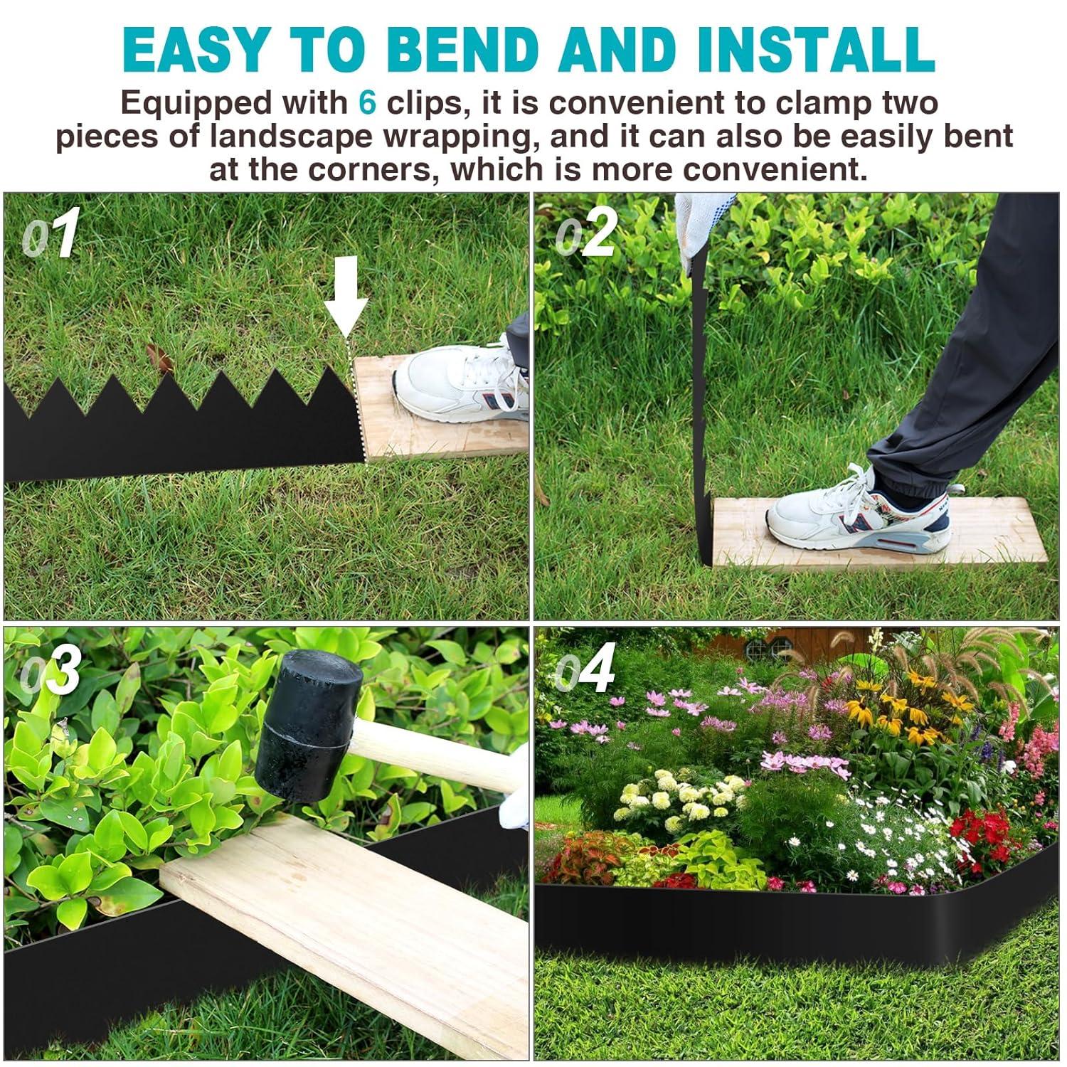 KFFKFF 6 PCS Metal Landscape Edging 40" L x 8" H Galvanized Steel Garden Border Flexible Hammer-In Outdoor Landscaping Edge with 8 Clips for Lawn, Garden, Walkway, Yard (Black)