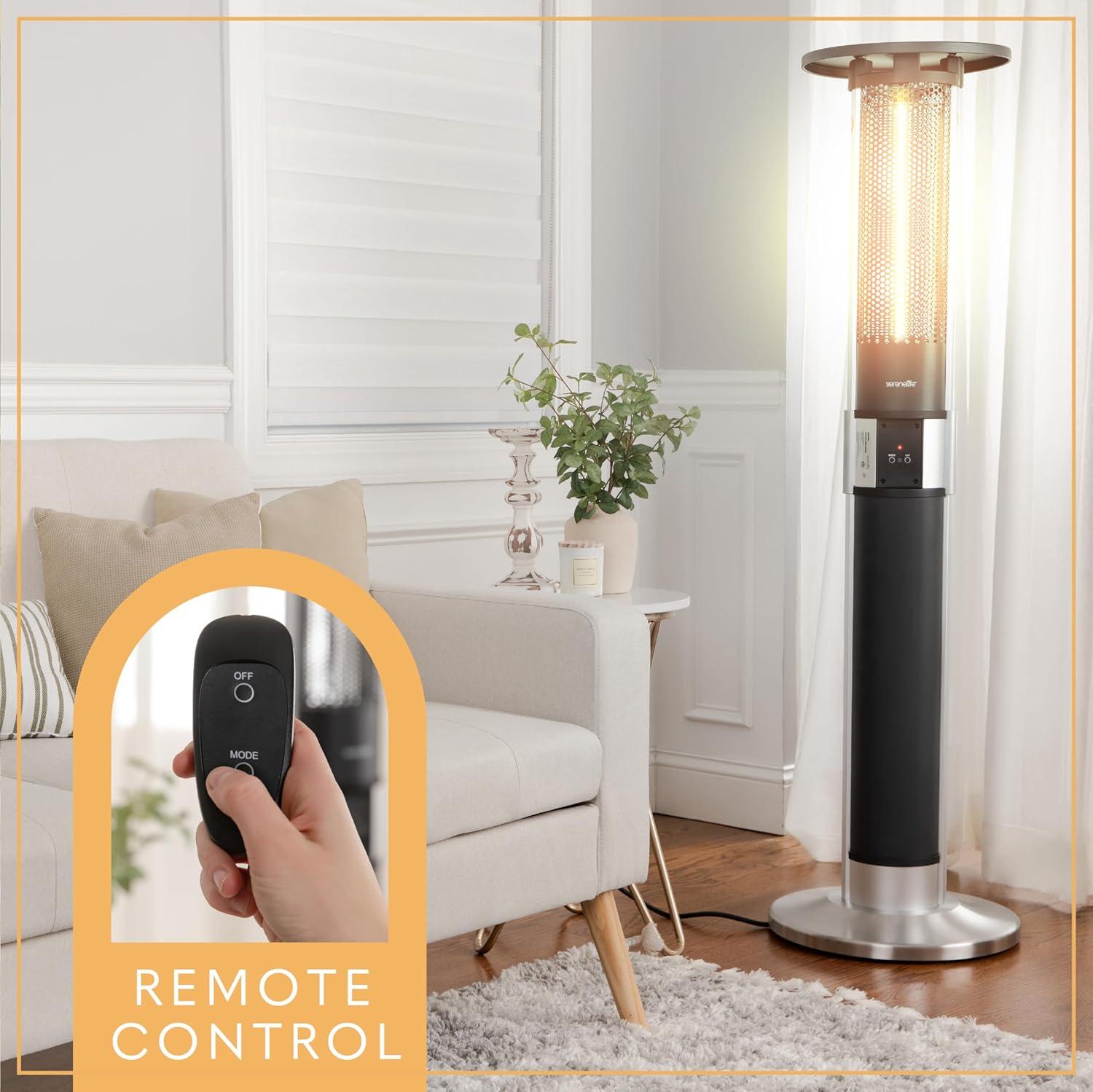 SereneLife 1500W Infrared Patio Heater, Electric, Indoor/Outdoor, Portable Tower, Remote Control, Black (SLOHT44)