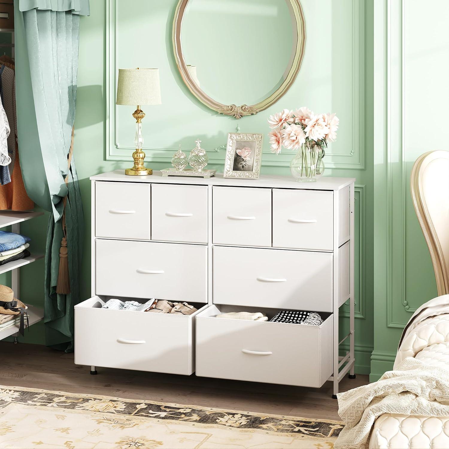 White Steel and Fabric 8-Drawer Bedroom Dresser