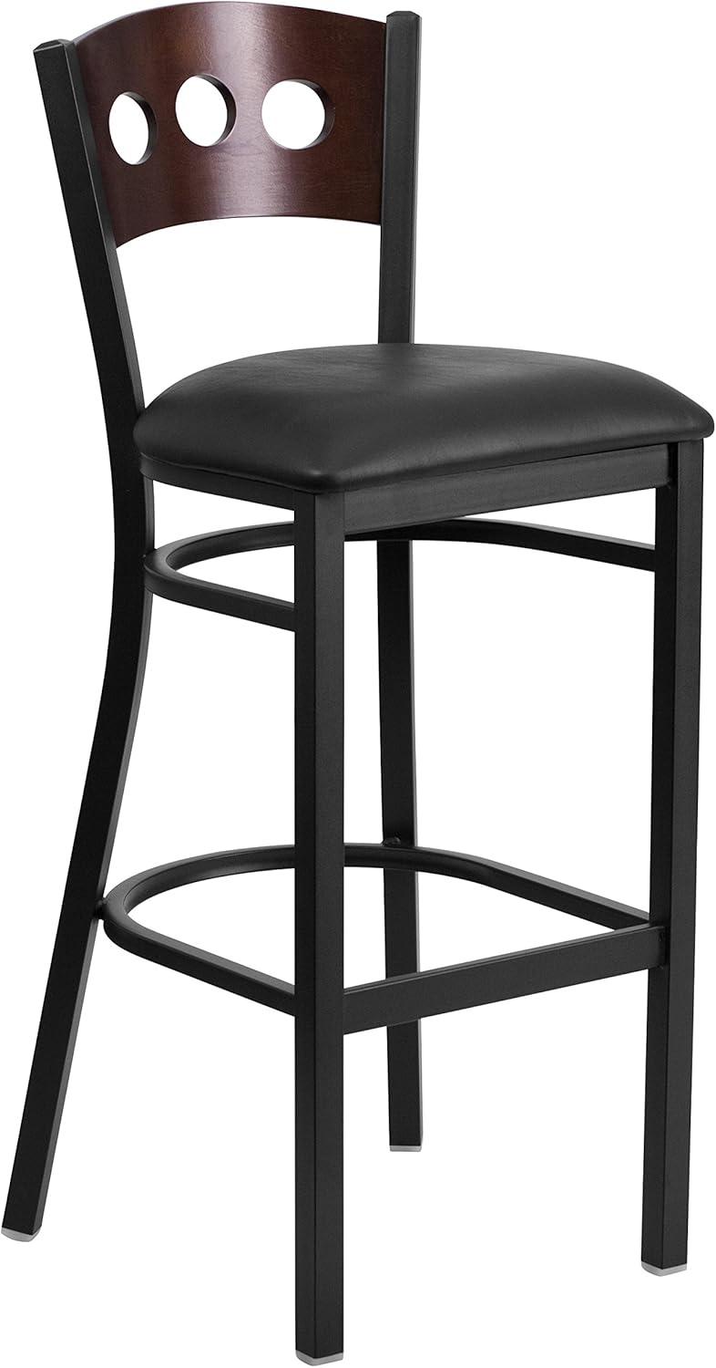 Flash Furniture HERCULES Series Black 3 Circle Back Metal Restaurant Barstool - Walnut Wood Back, Black Vinyl Seat