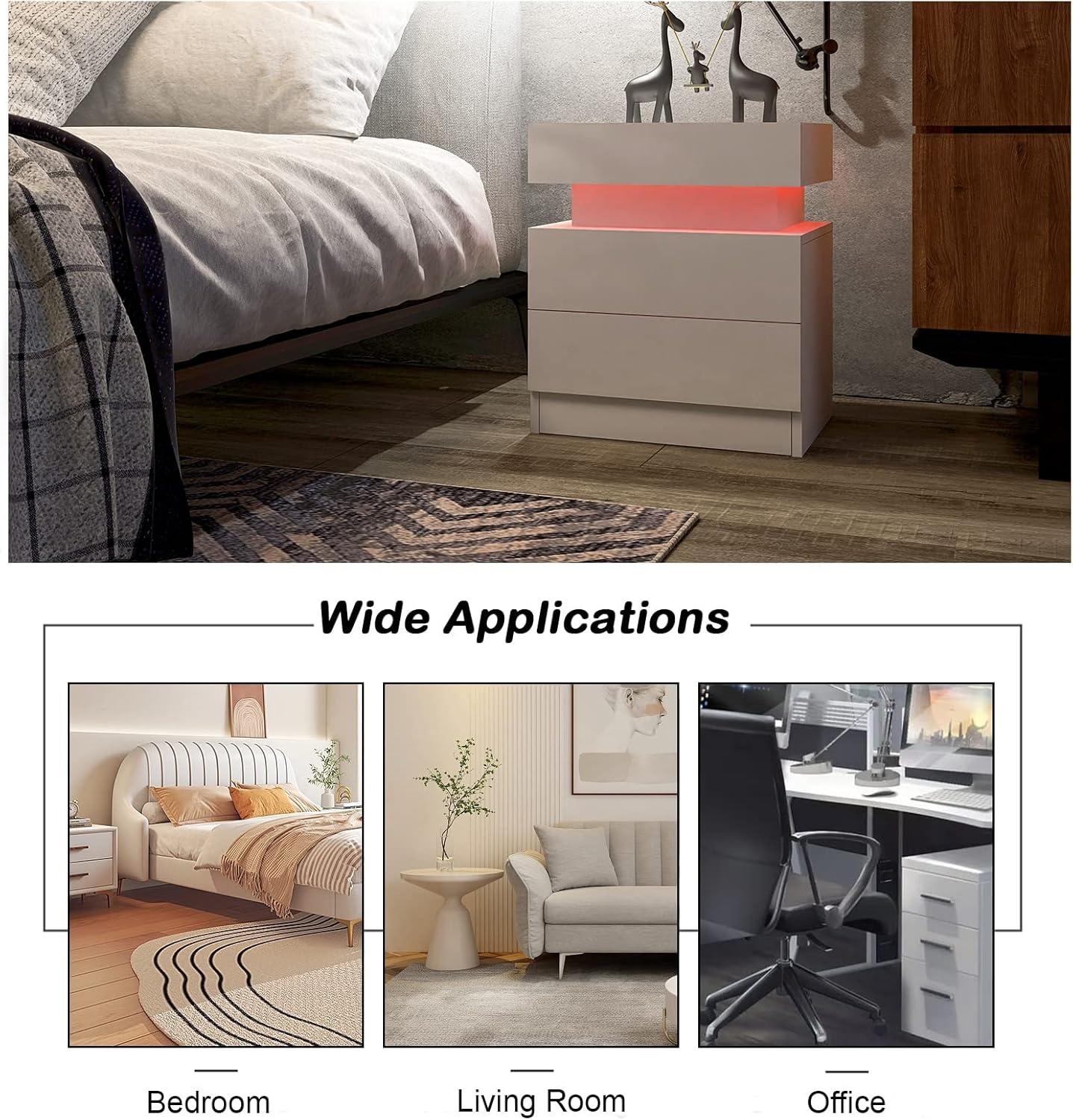 White High Gloss LED 2-Drawer Nightstand with Charging Ports