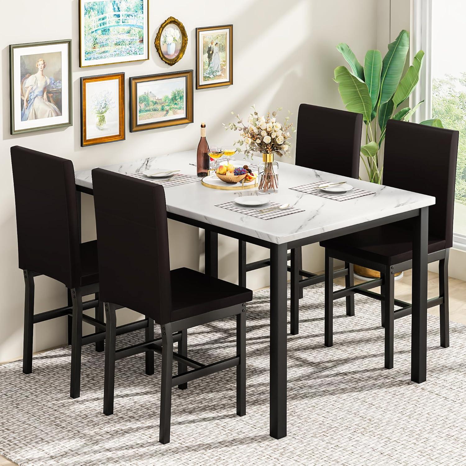 5 Piece Dining Set, Modern Dining Table and Chairs Set for 4, Kitchen Dining Table Set with Faux Marble Tabletop and 4 PU Leather Upholstered Chairs, for Small Space, Breakfast Nook, D8835