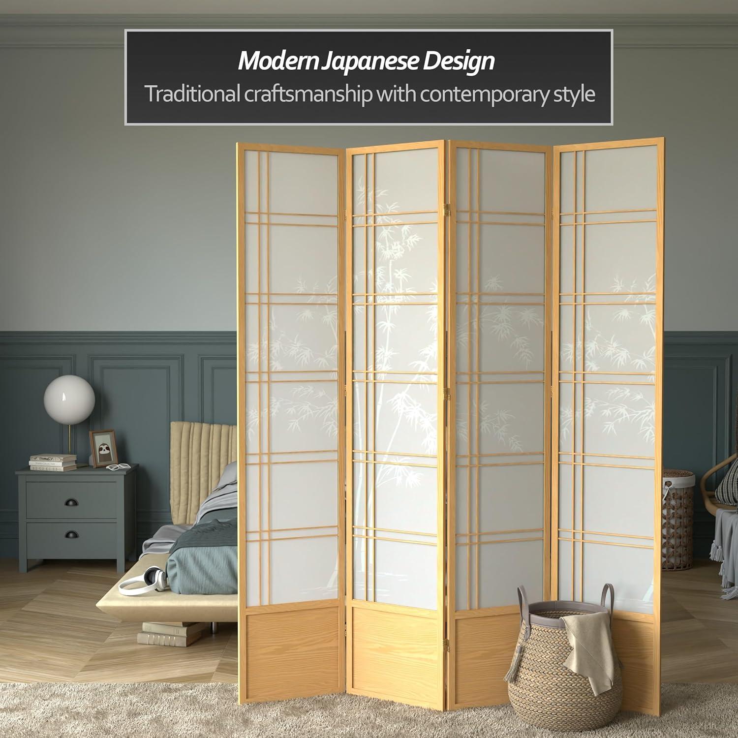 Oriental Furniture 7 Ft Tall Double Cross Bamboo Tree Shoji Screen, natural, 4 panel