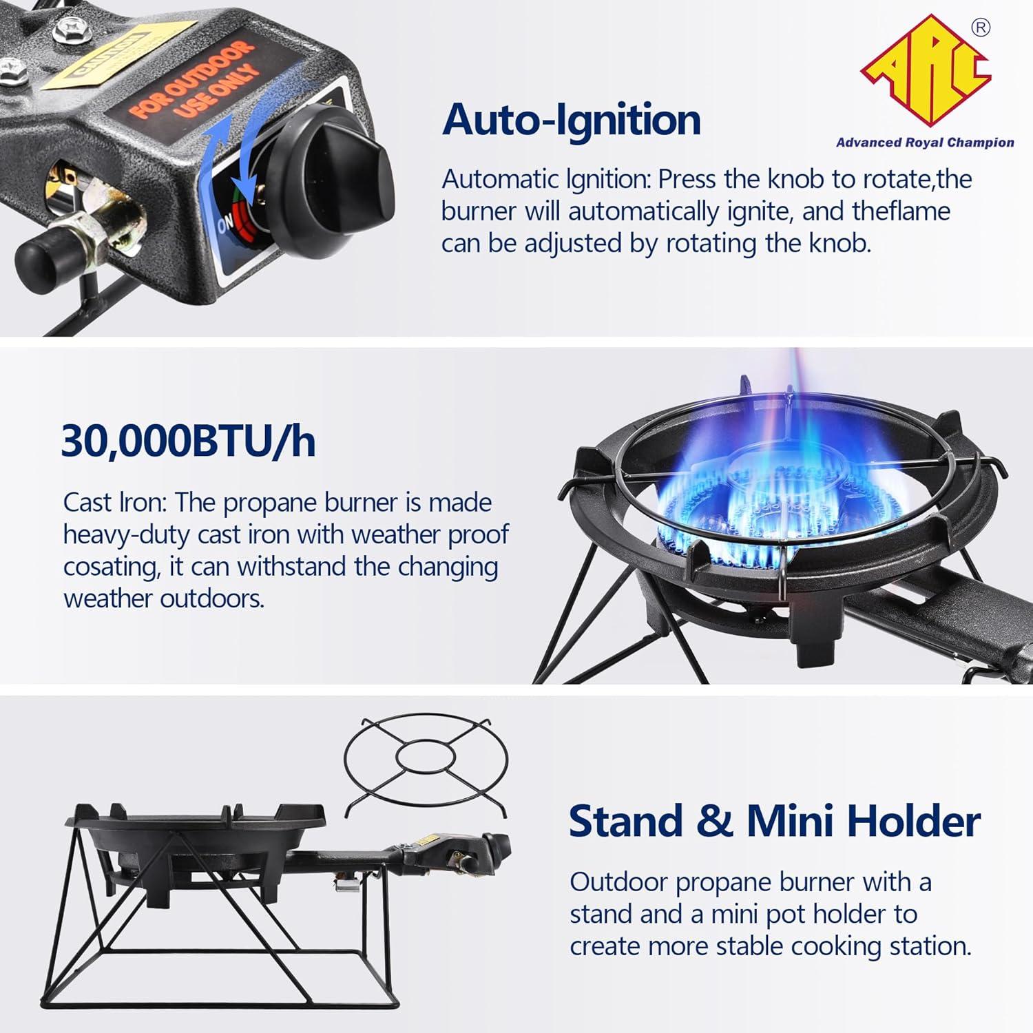 ARC 339R Portable Propane Burner Stove Cast Iron Single Burner with Detachable Rack Camping Stove BBQ 30,000 BTU/H