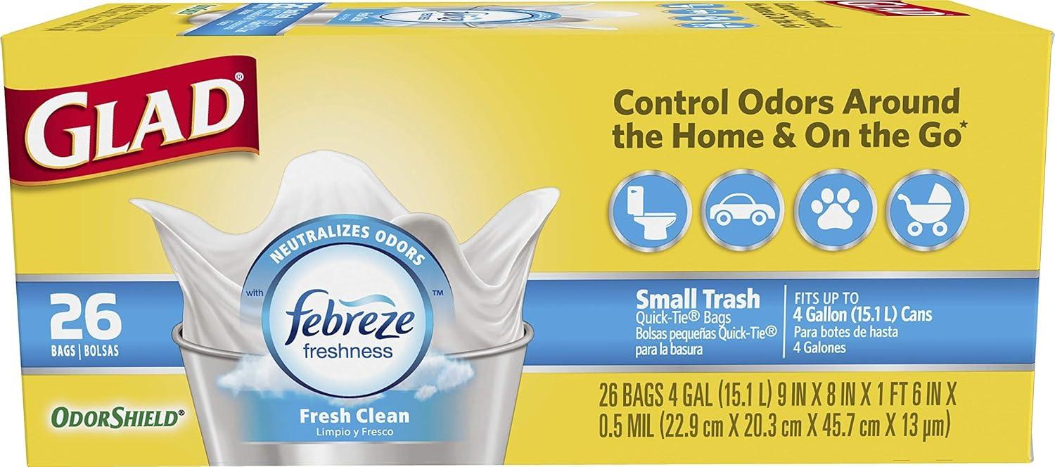 Glad OdorShield Small Trash Bags - Febreze Fresh Clean - 4 Gallon - 26 Count - 6 Pack