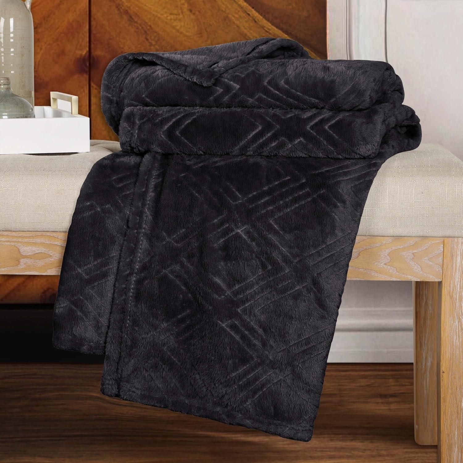 Superior Alaska Fleece Diamond Fluffy Blanket, Throw, Black