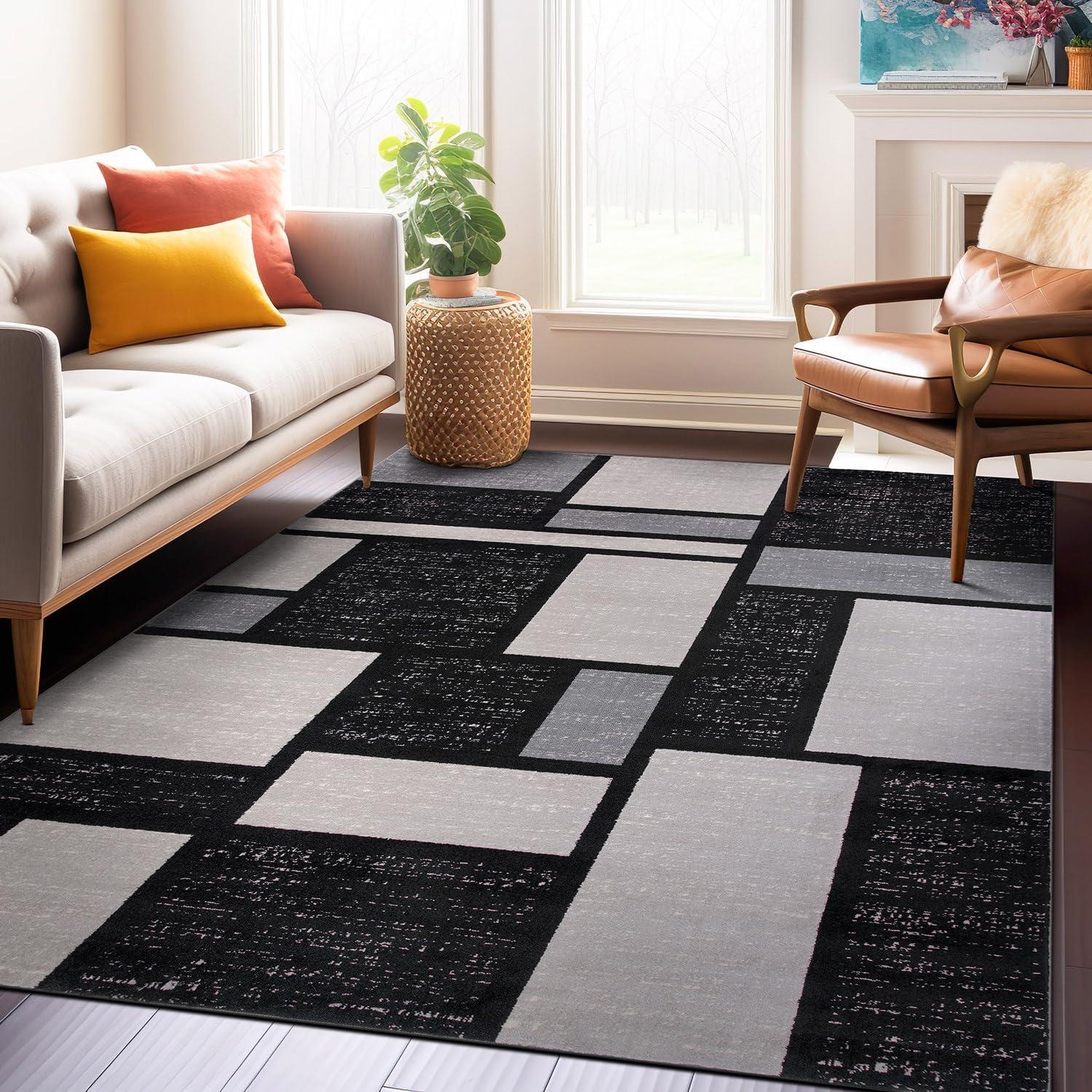 Modern Geometric Gray Synthetic Area Rug 5'3" x 7'3"