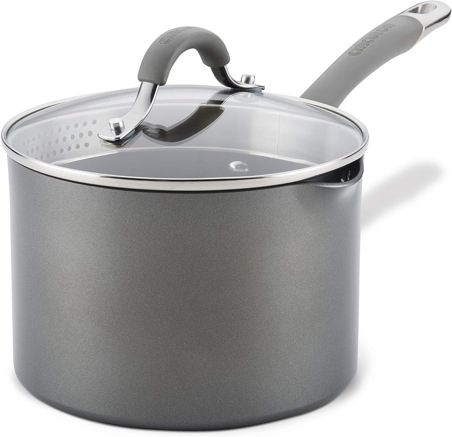 Circulon Elementum Hard-Anodized Nonstick Straining Sauce Pan with Lid, 3-Quart, Oyster Gray