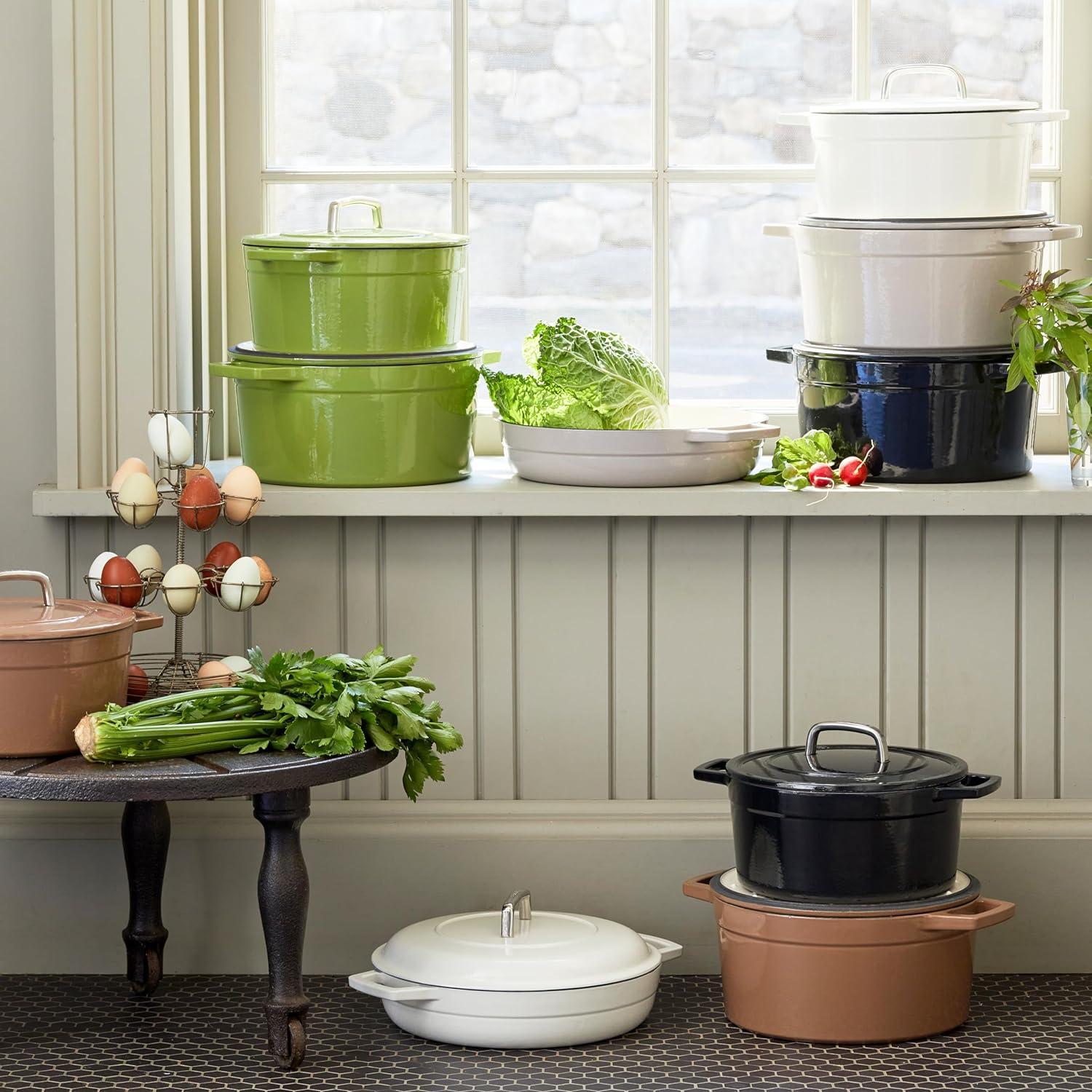 White Enameled Cast Iron Round Braiser with Lid