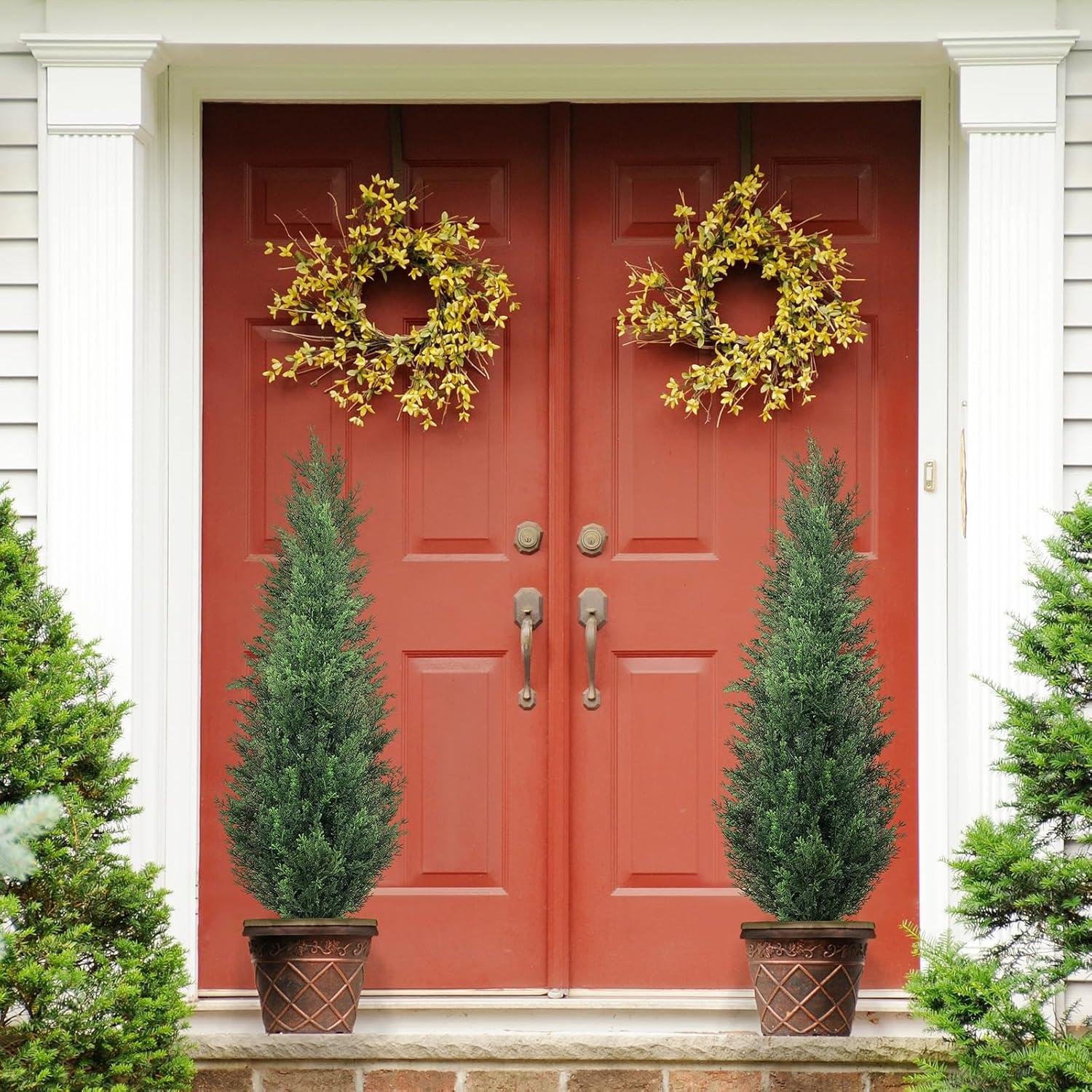 4FT 2-Pack Artificial Cedar Topiary Trees UV Resistant Potted Shrubs Fake Plants, Faux Pine Tree Plant for Home Office Garden Front Porch Patio Indoor Outdoor Party Wedding  Decor