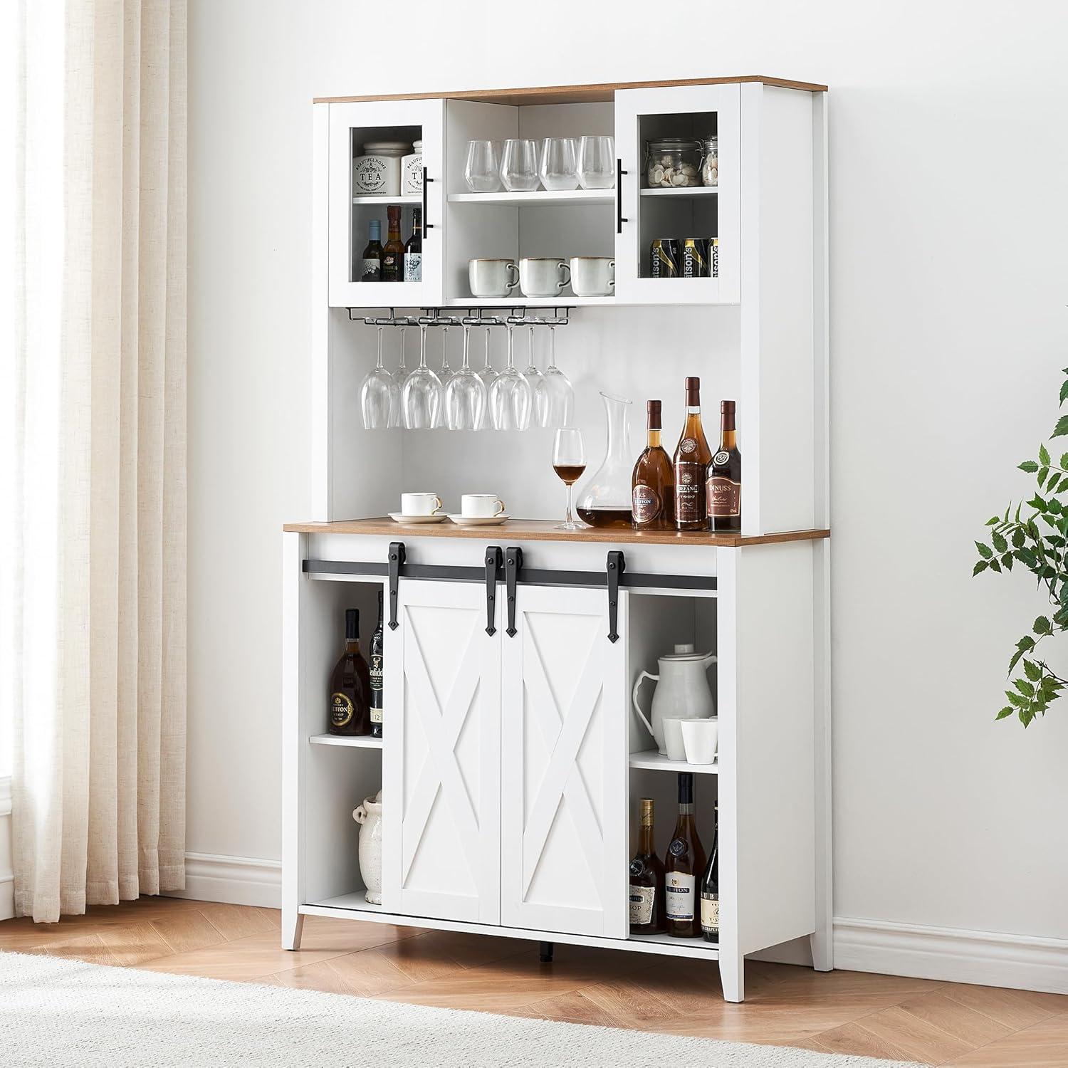 White Farmhouse Kitchen Hutch with Sliding Barn Doors and Wine Rack