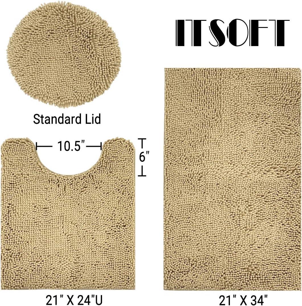 ITSOFT 3pc Non-Slip Shaggy Chenille Bathroom Mat Set, Includes 24 x 21 Inches U-Shaped Contour Toilet Rug, 34 x 21 Inches Bathmat and 1 Toilet Lid Cover, Spa Blue