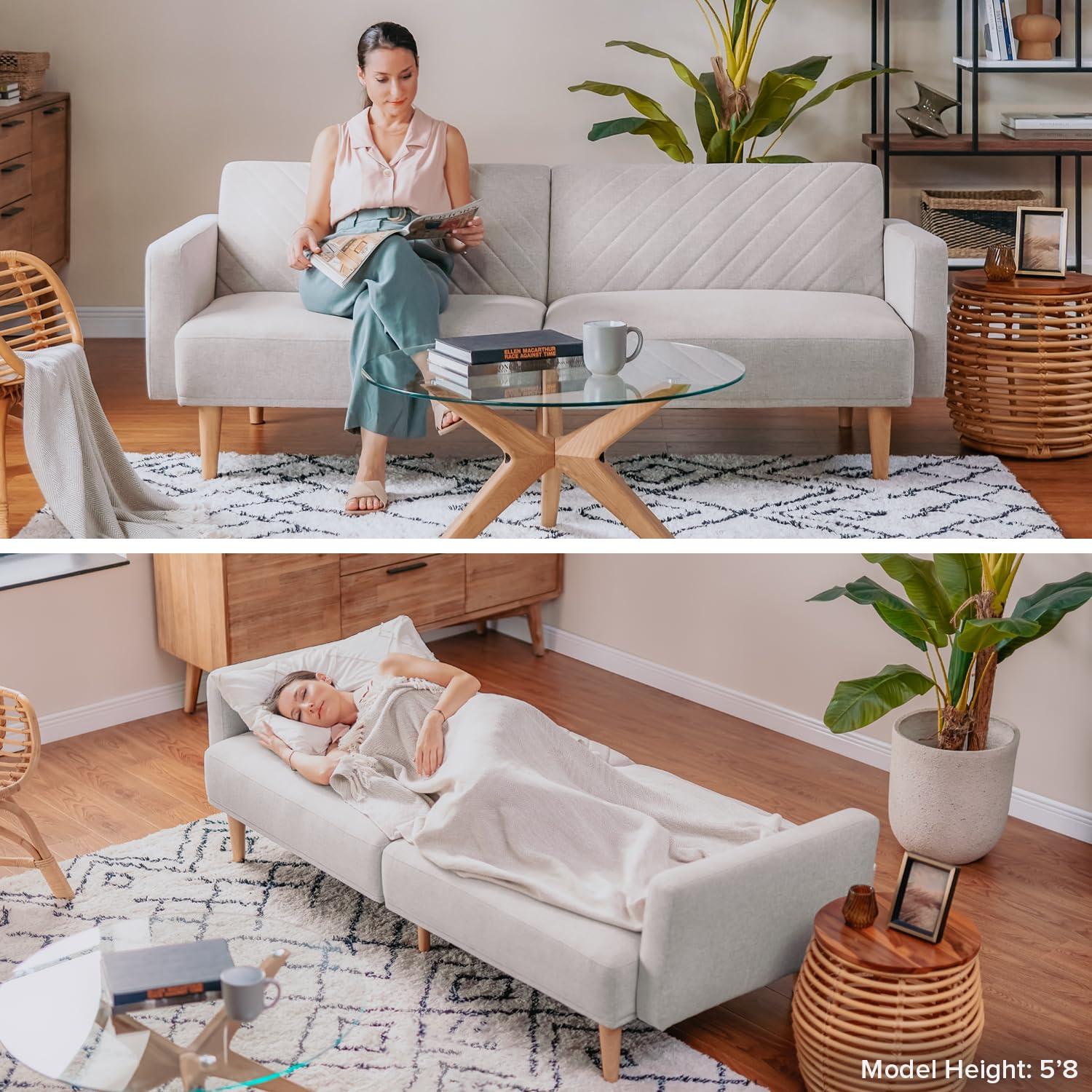 Snow Velvet Chevron Tufted Split Back Futon Sofa