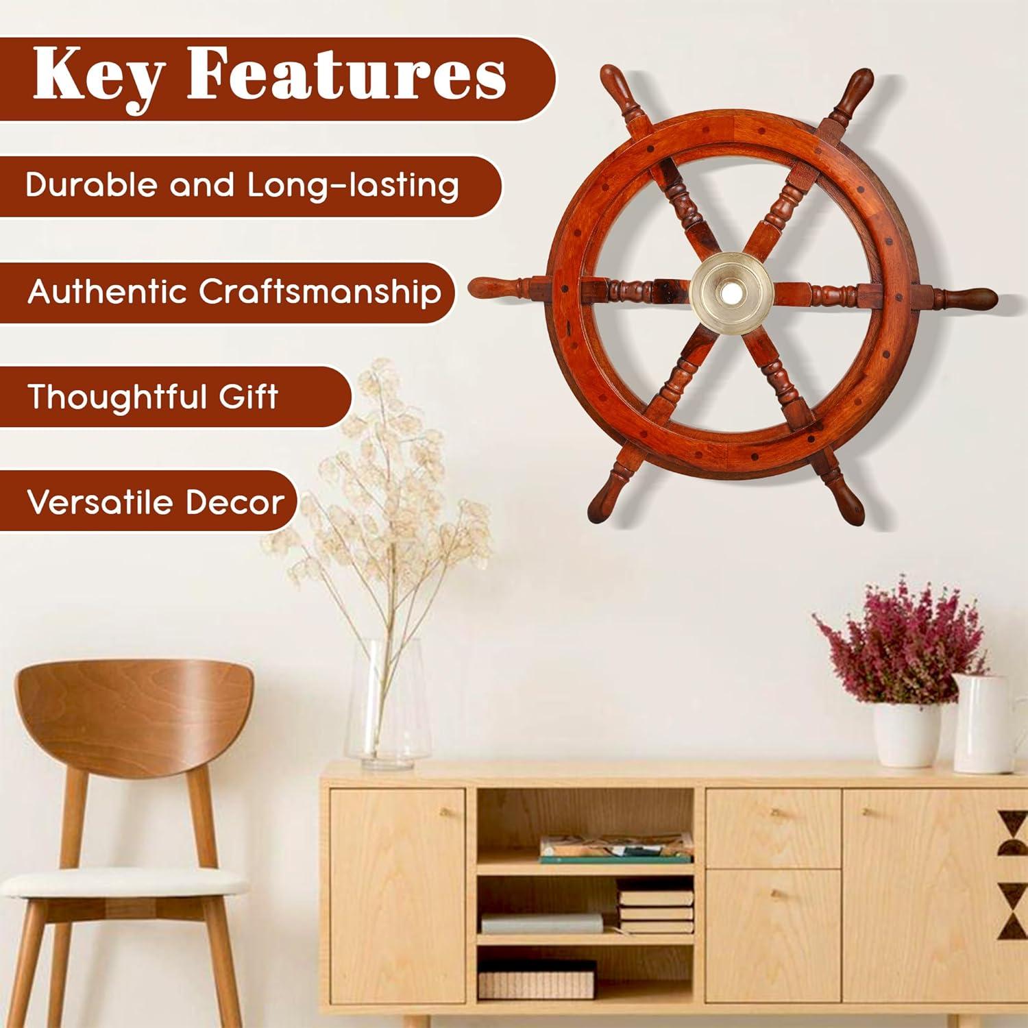 Handcrafted 30" Brown Wood and Brass Nautical Ship Wheel