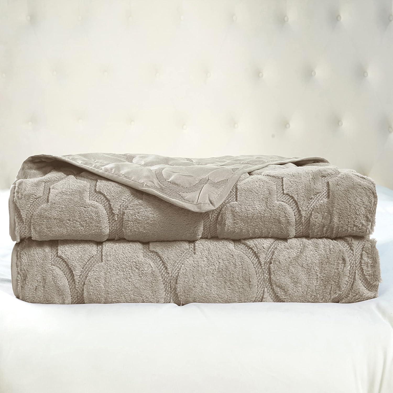 Serenta Faux Fur Ogee Embroidery 7 Piece Bedspread Quilts Set, King, Taupe