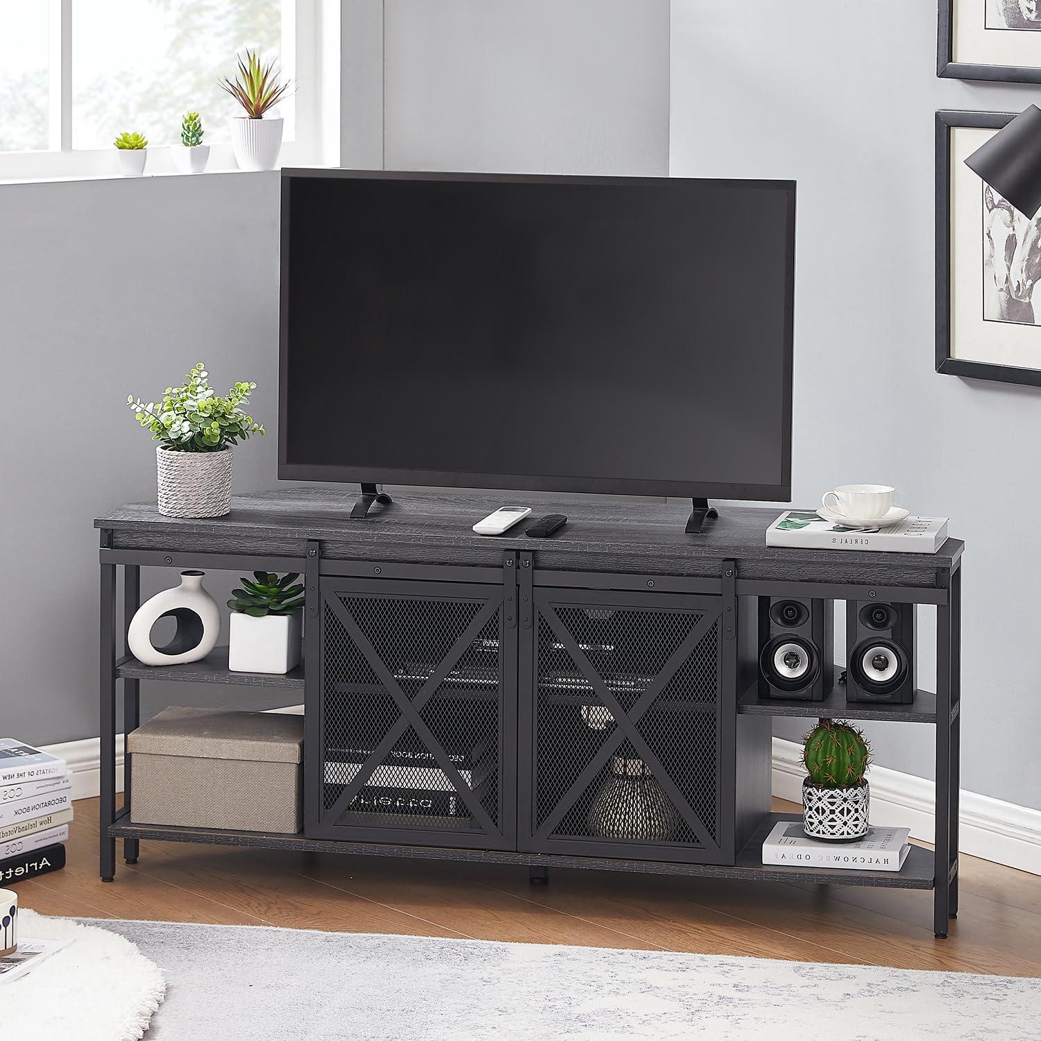 Dextrus Farmhouse Corner TV Stand for TVs up to 55 inch with Power Outlet, Wood Entertainment Center, TV Media Console with Storage, White Oak