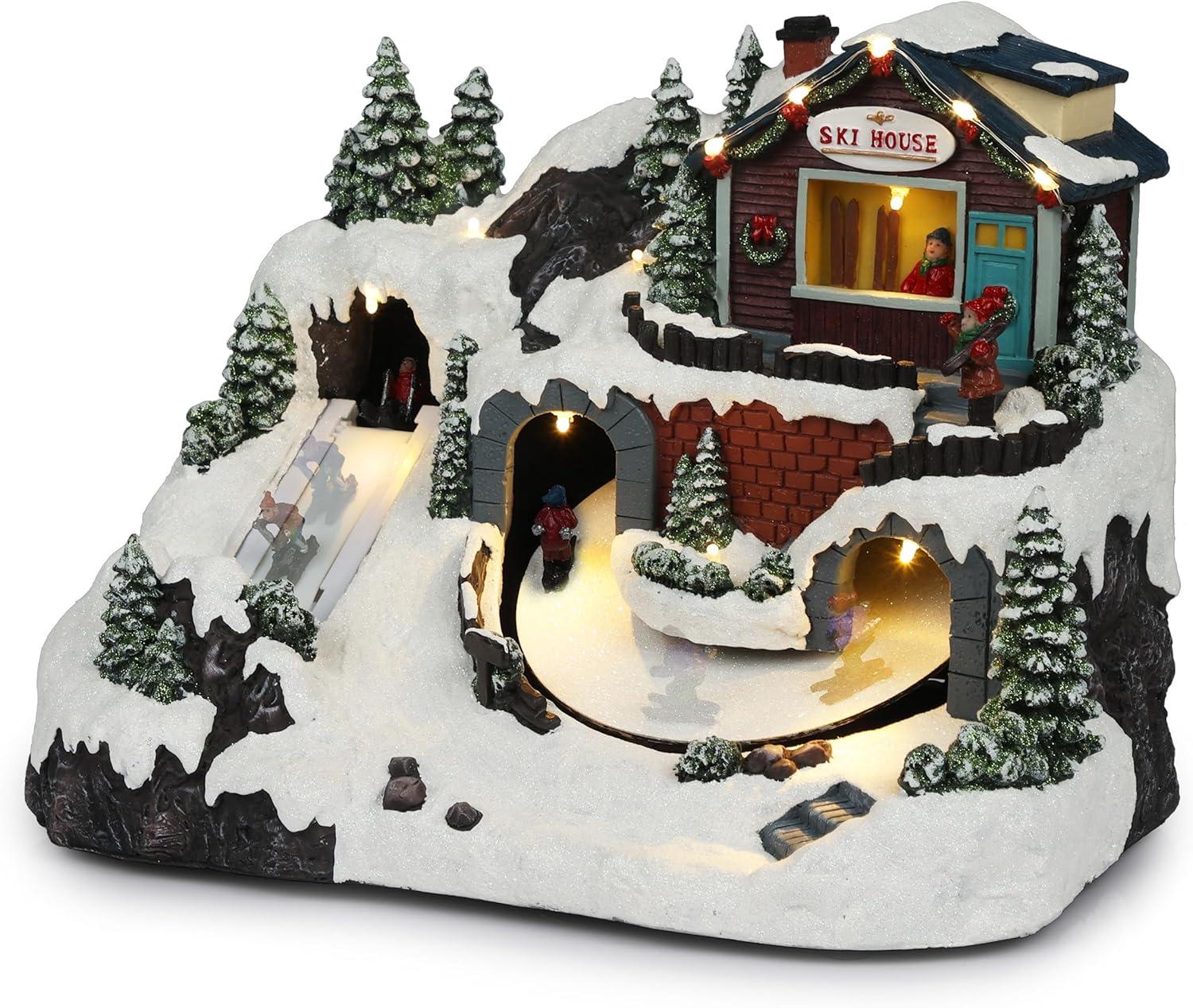 Alpine Corporation Animated Christmas Ski Resort Holiday Tabletop Decor with 12 Warm White LED Lights and Moving Skier Figurines, 12" L x 8" W x 9" H