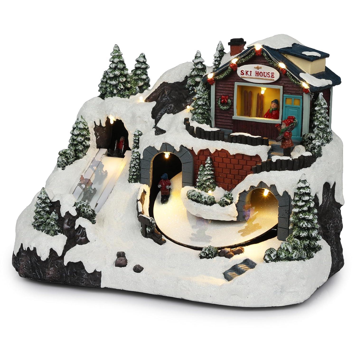 Alpine Corporation Animated Christmas Ski Resort Holiday Tabletop Decor with 12 Warm White LED Lights and Moving Skier Figurines, 12" L x 8" W x 9" H