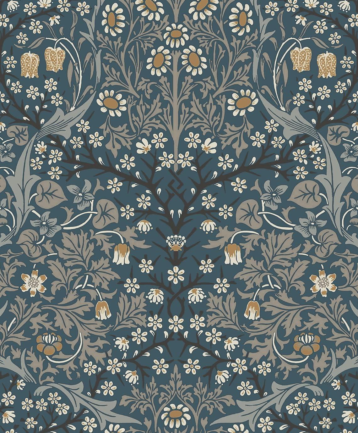 NextWall  Victorian Garden Floral Peel and Stick Wallpaper 20.9 in. W x 18 ft. L - Aegean Blue & Warm Stone